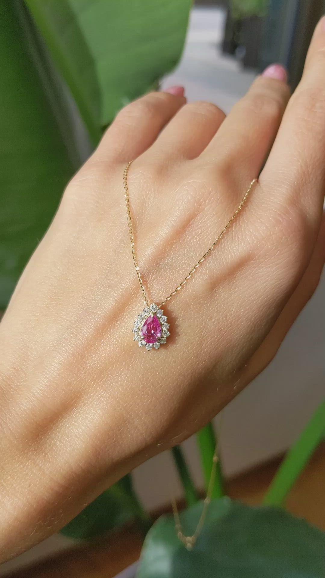 0.66 Ct. Pink Sapphire and Natural Diamond Halo Necklace, 14K Yellow Gold Size Video