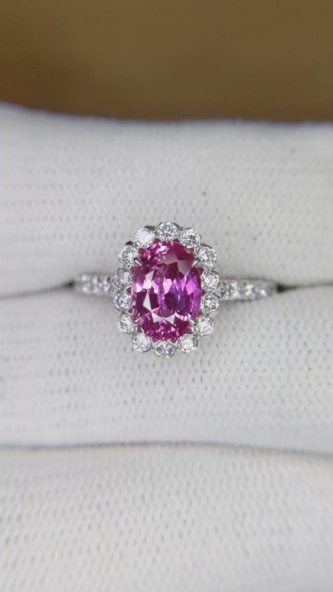 1.59 Ct. Pink Sapphire and Natural Diamond Pave Ring, 18K White Gold Size Video