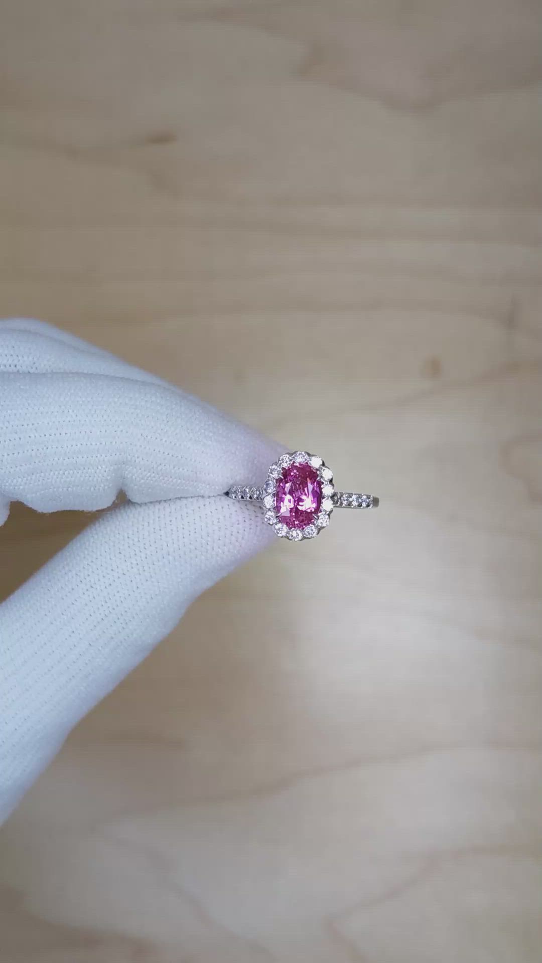 1.59 Ct. Pink Sapphire and Natural Diamond Pave Ring, 18K White Gold Size Video