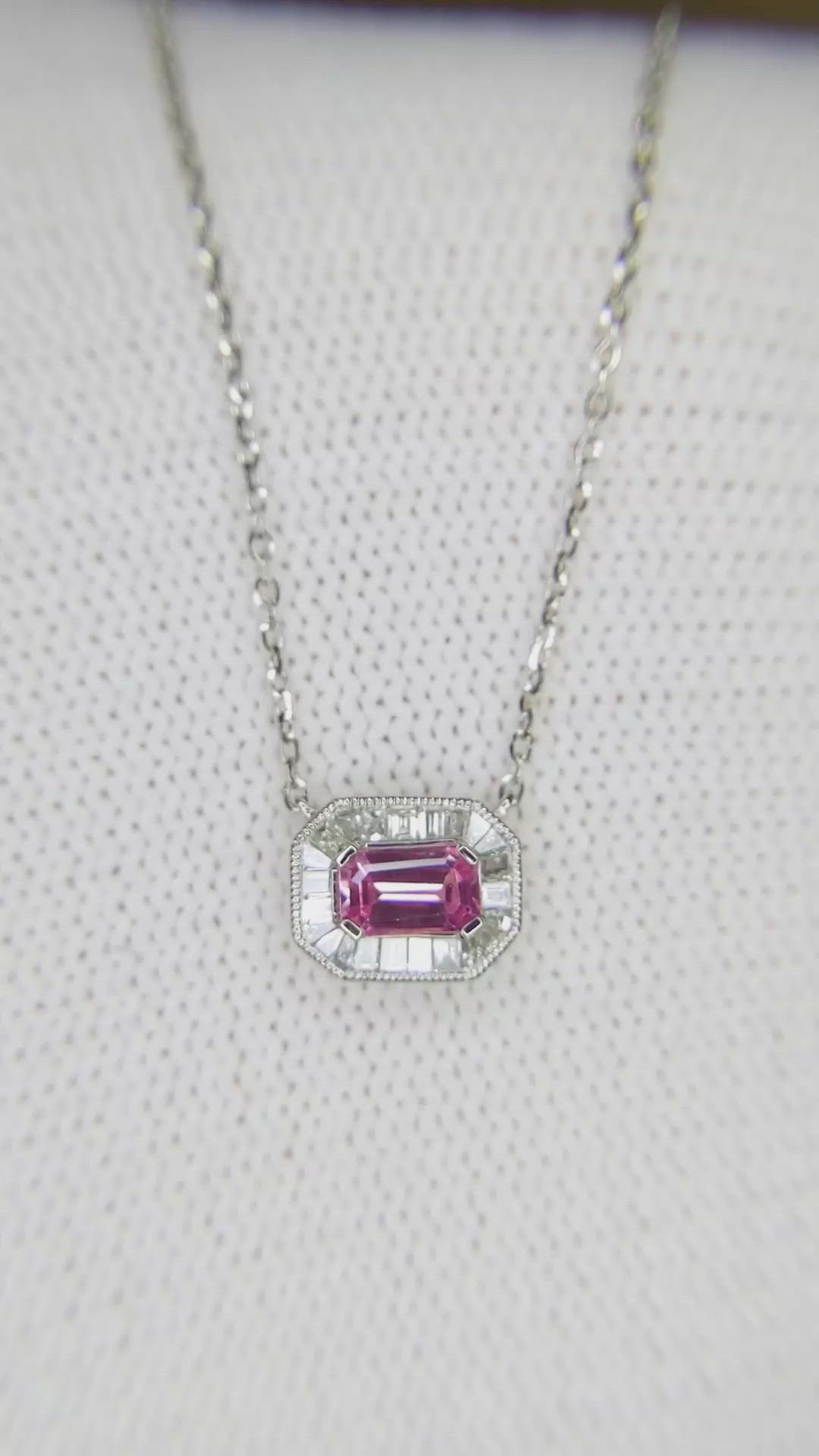 0.35 Ct. Pink Sapphire Halo Necklace, 14K White Gold Size Video