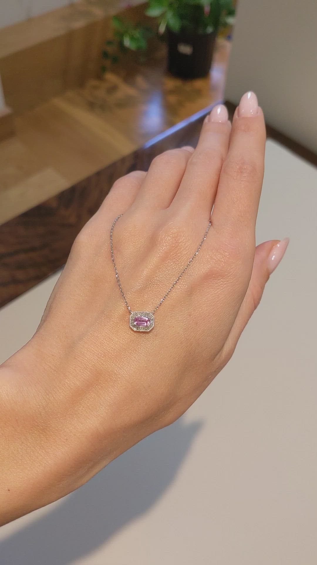 0.35 Ct. Pink Sapphire Halo Necklace, 14K White Gold Size Video