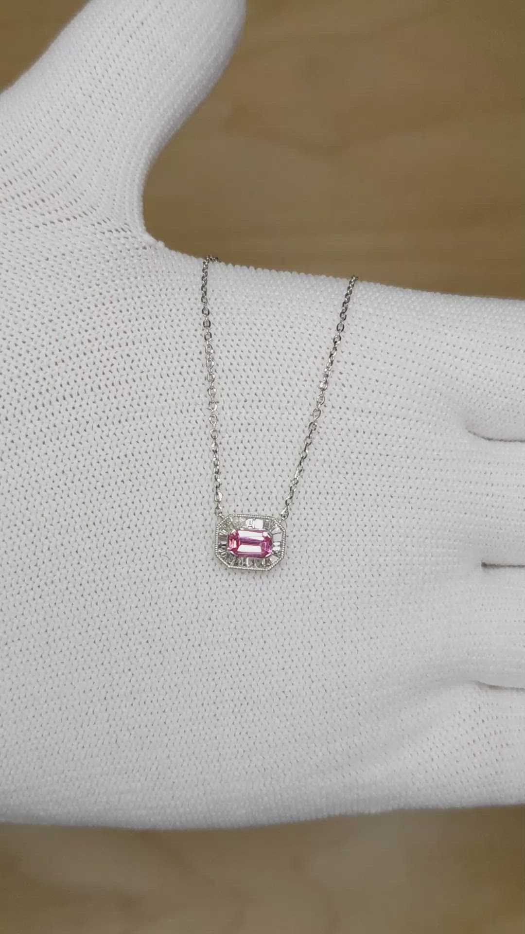 0.35 Ct. Pink Sapphire Halo Necklace, 14K White Gold Size Video