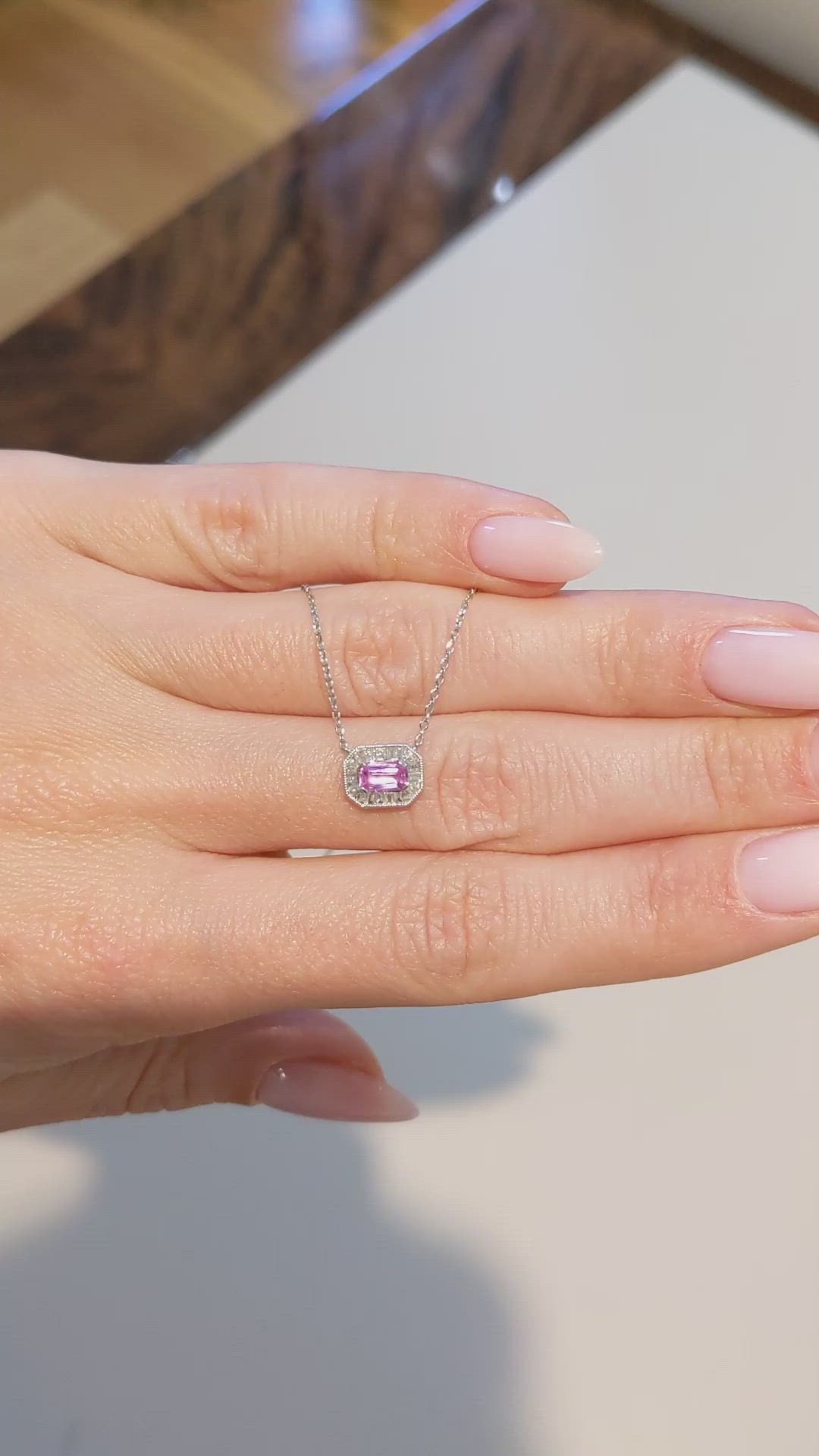 0.35 Ct. Pink Sapphire Halo Necklace, 14K White Gold Size Video