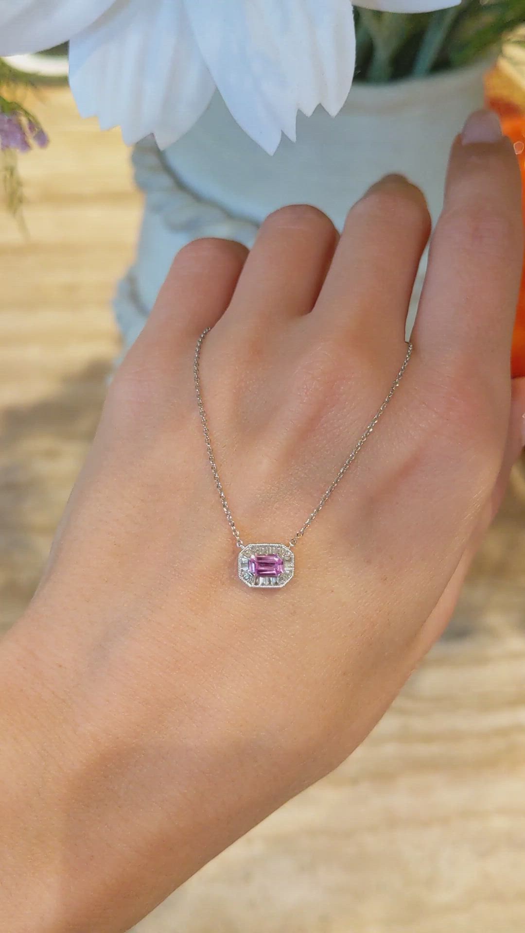 0.35 Ct. Pink Sapphire Halo Necklace, 14K White Gold Size Video