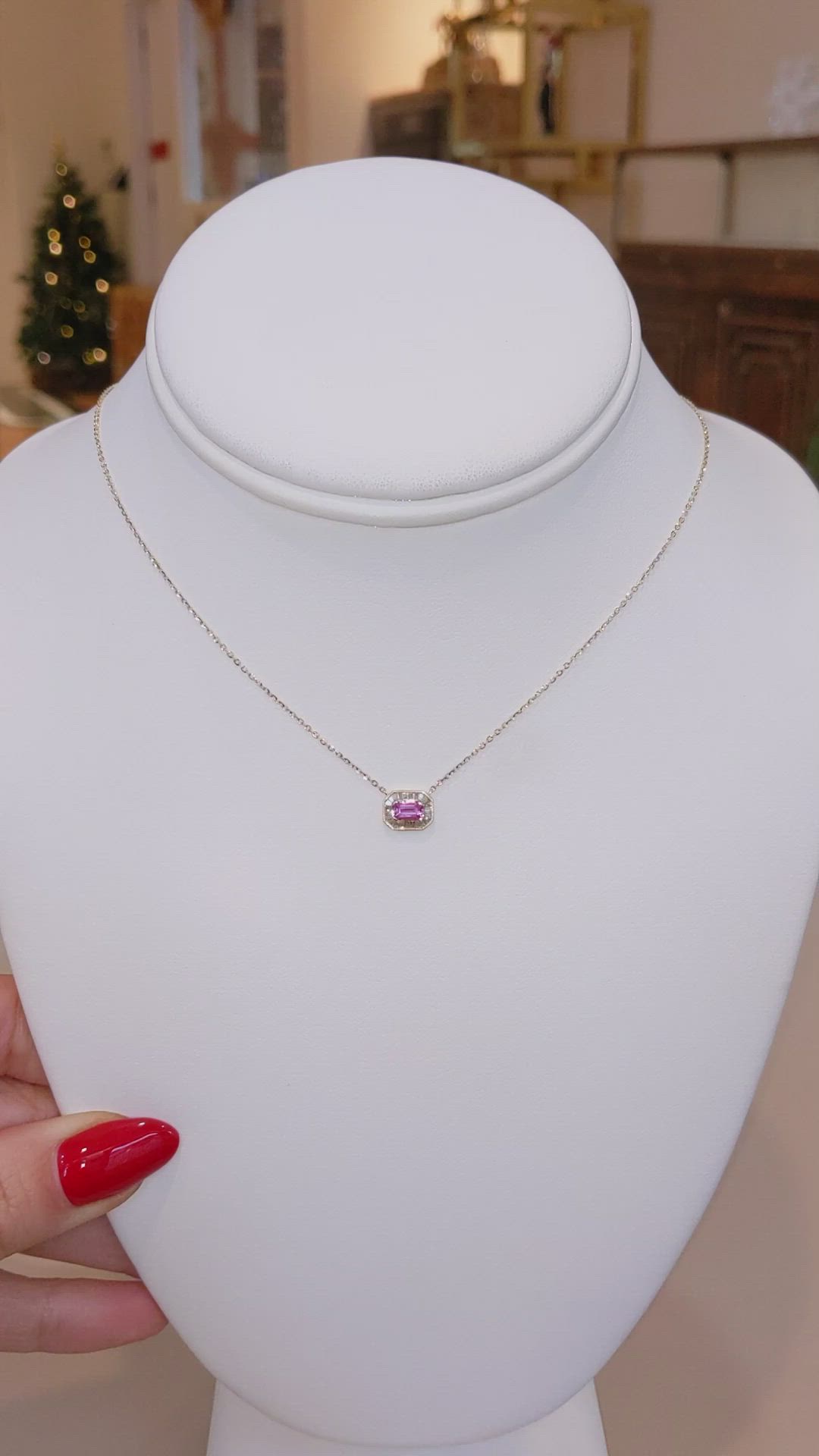 0.32 Ct. Pink Sapphire Accent Stones Necklace, 14K Yellow Gold Size Video