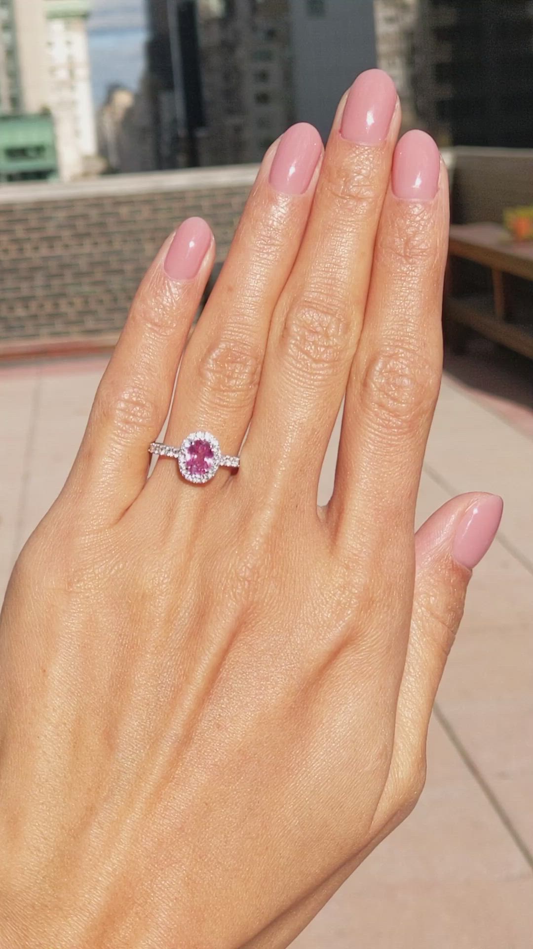 1.00 Ct. Pink Sapphire and Natural Diamond Pave Ring, 18K White Gold Size Video