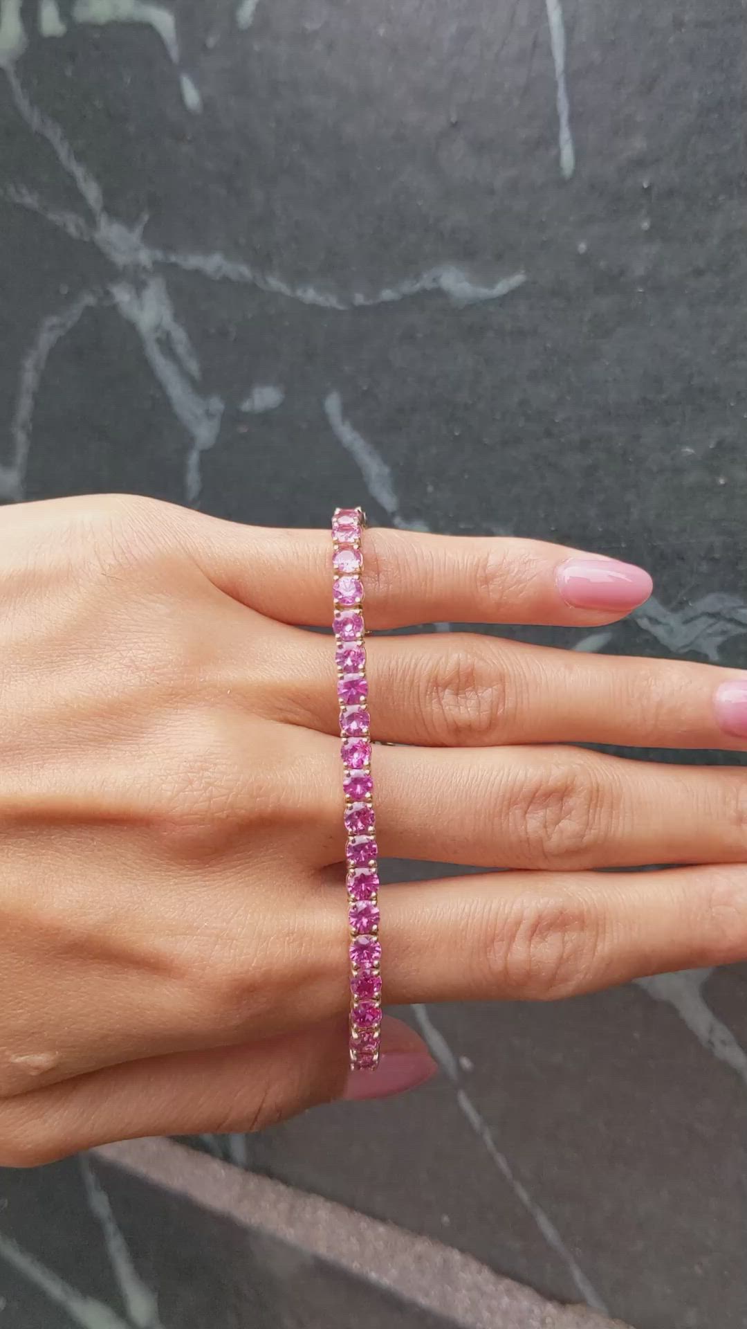 12.60 Ct.Tw. Pink Sapphire Tennis/Riviere Bracelet, 14K Yellow Gold Size Video