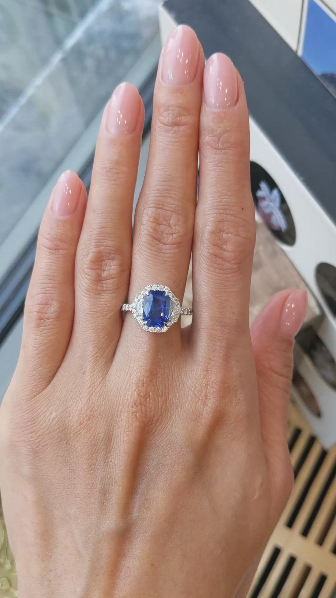 3.17 Ct. Blue Sapphire and Natural Diamond Pave Ring, 18K White Gold Size Video