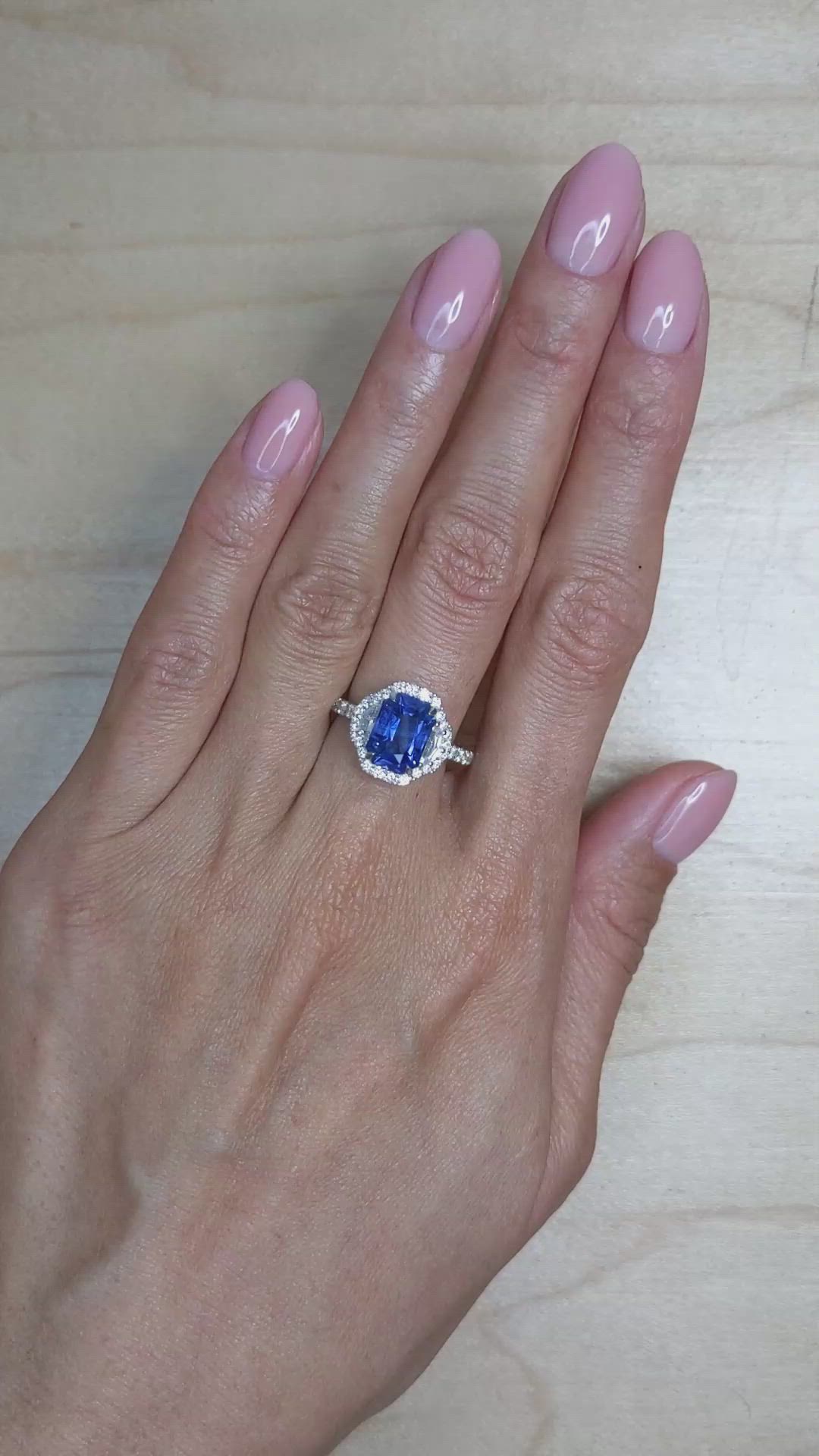 3.17 Ct. Blue Sapphire and Natural Diamond Pave Ring, 18K White Gold Size Video