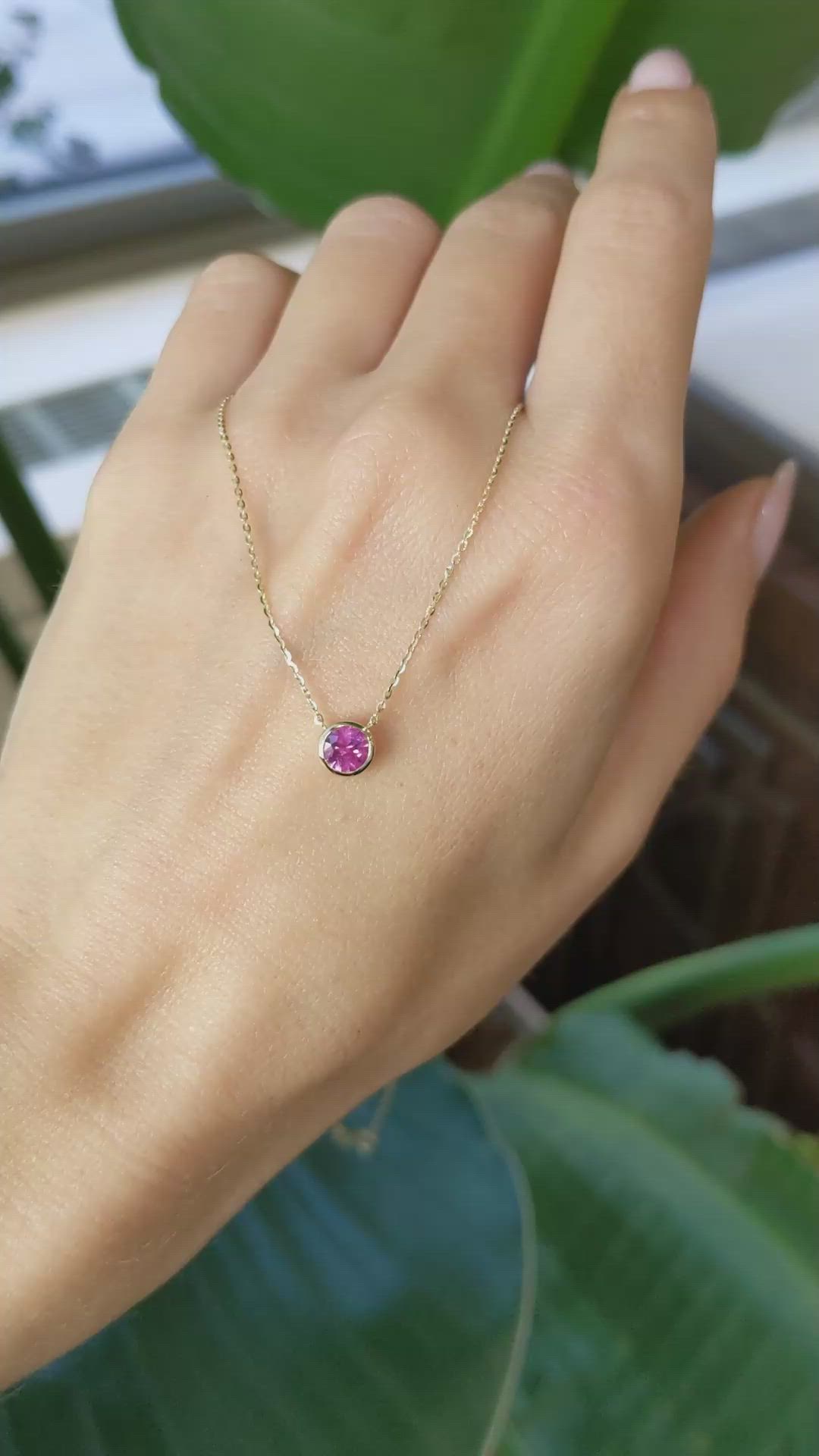 0.49 Ct. Pink Sapphire Bezel Necklace, 14K Yellow Gold Size Video