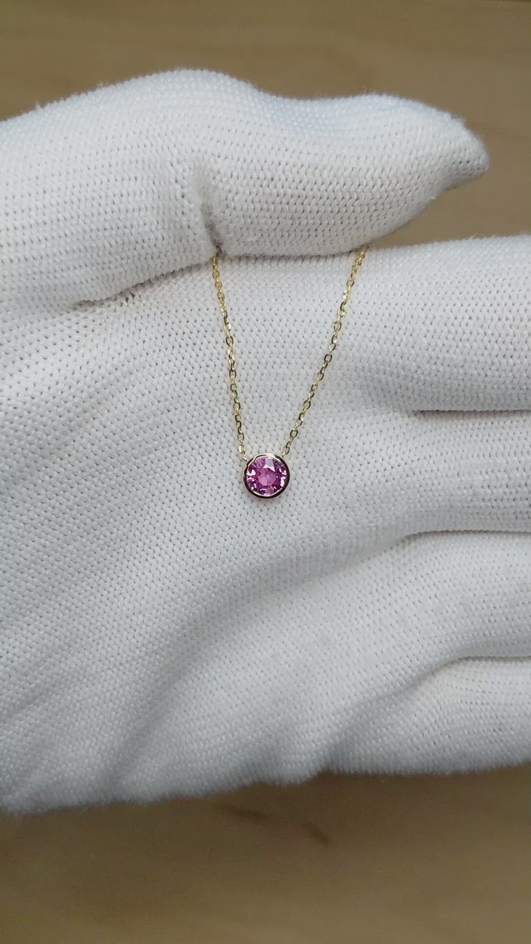 0.49 Ct. Pink Sapphire Bezel Necklace, 14K Yellow Gold Size Video