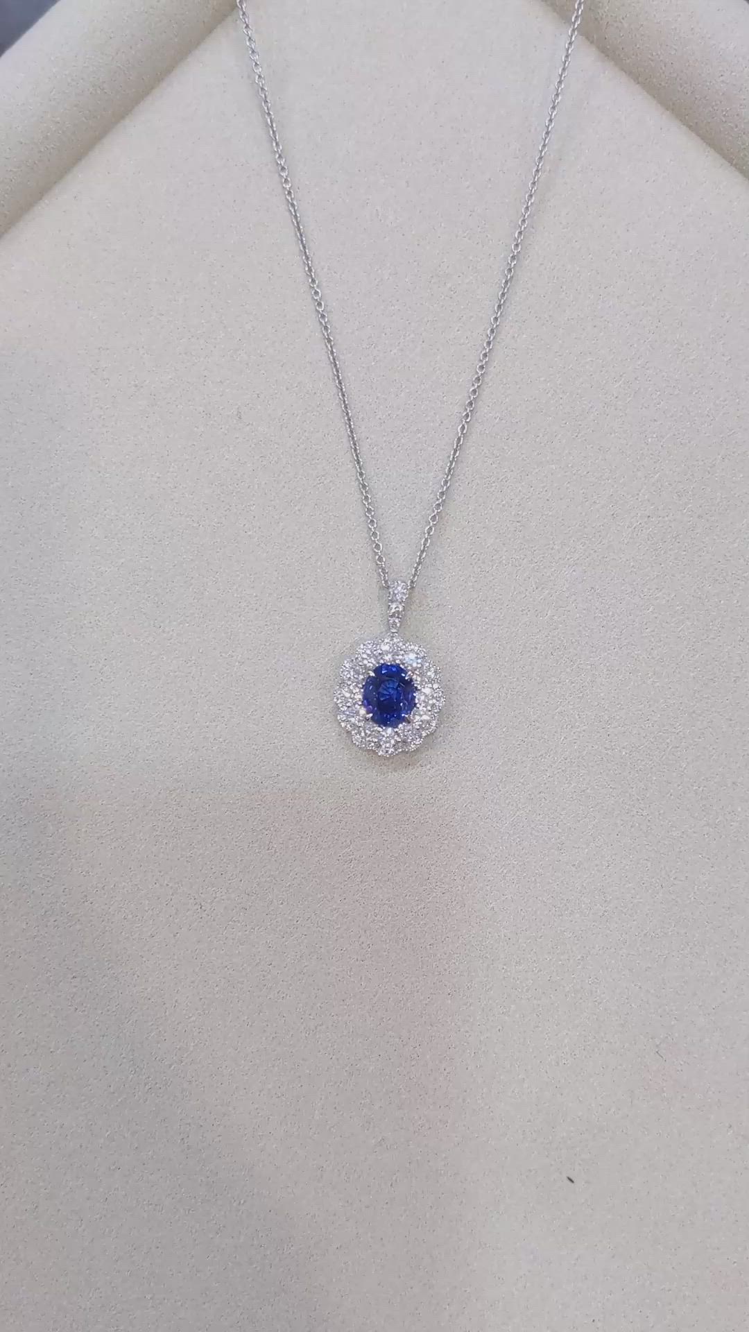 3.05 Ct. Blue Sapphire and Natural Diamond Pave Necklace, 18K White Gold Size Video