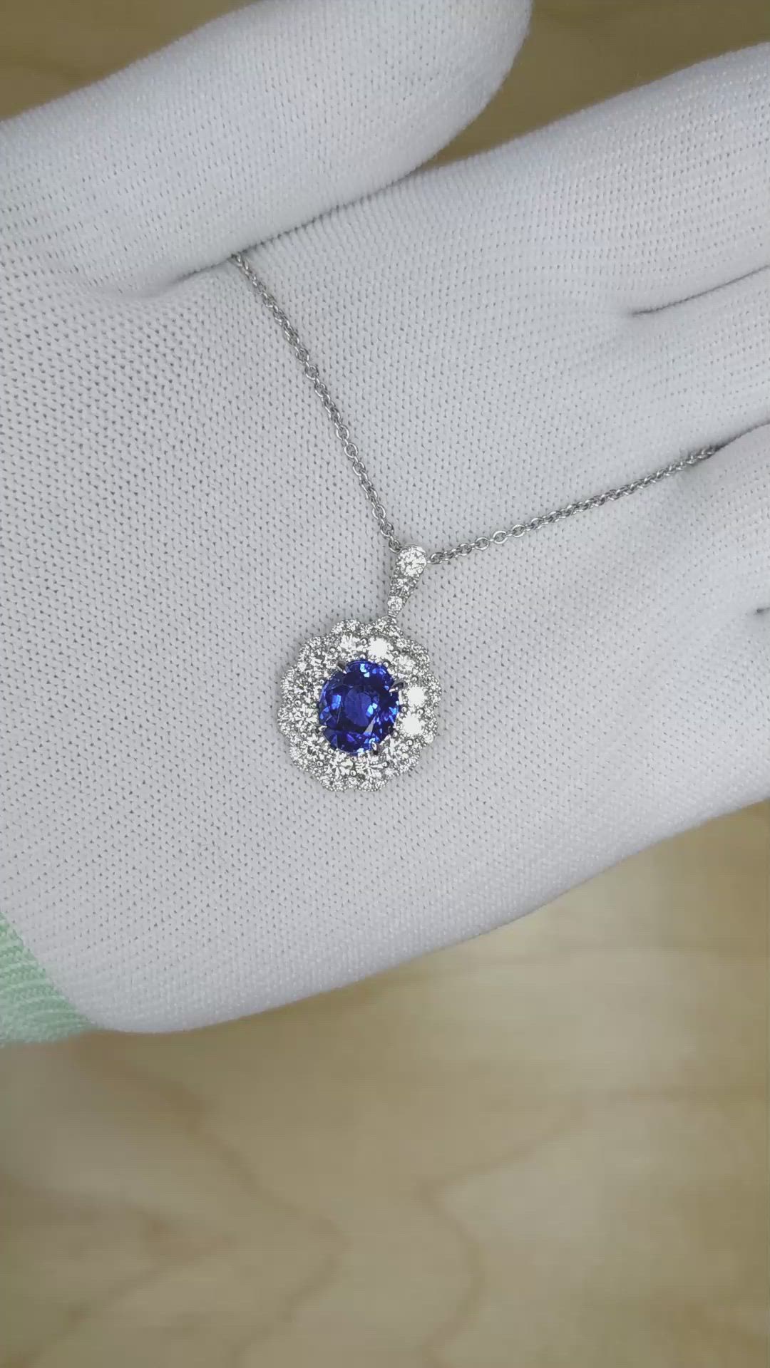 3.05 Ct. Blue Sapphire and Natural Diamond Pave Necklace, 18K White Gold Size Video