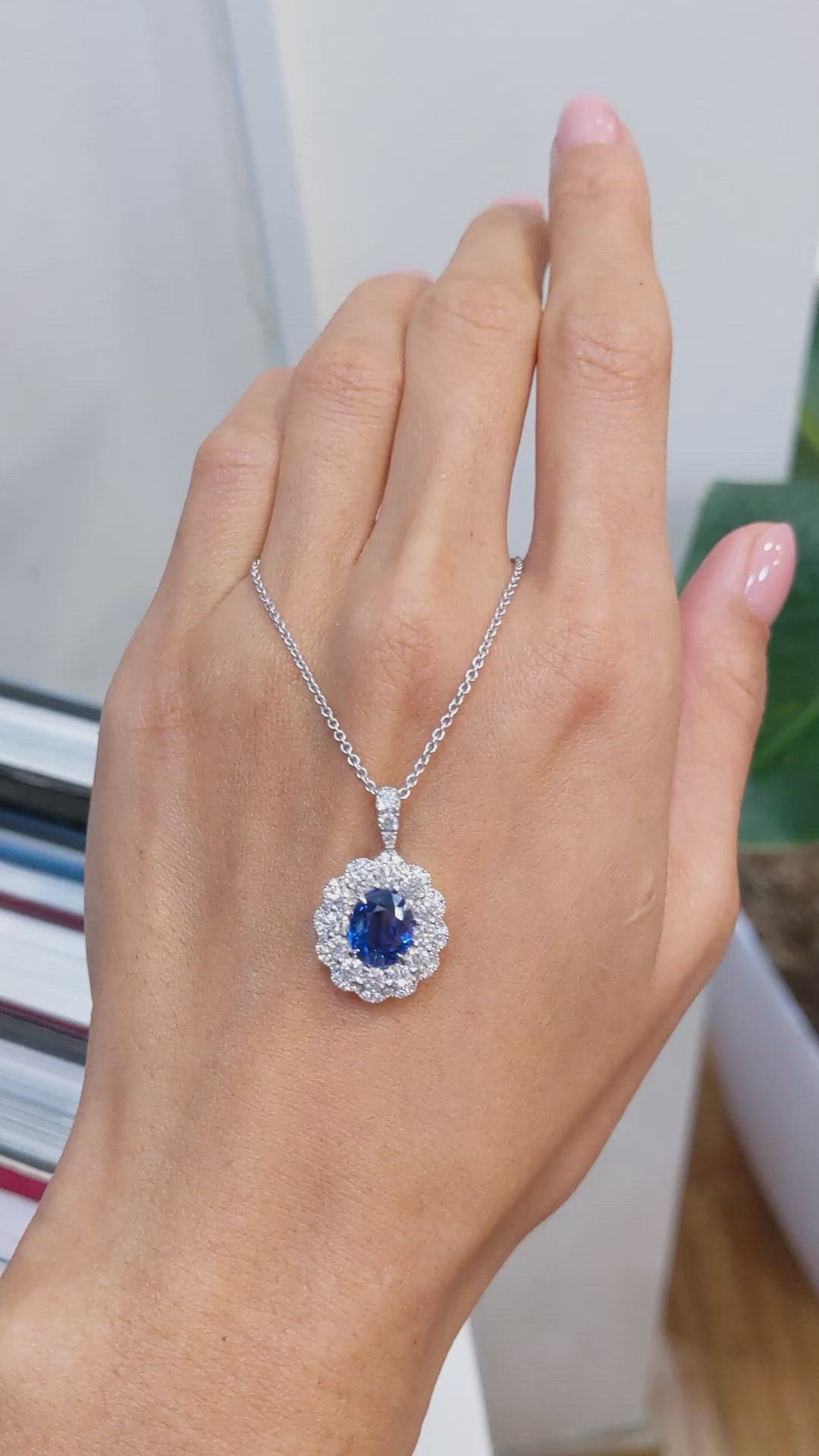 3.05 Ct. Blue Sapphire and Natural Diamond Pave Necklace, 18K White Gold Size Video