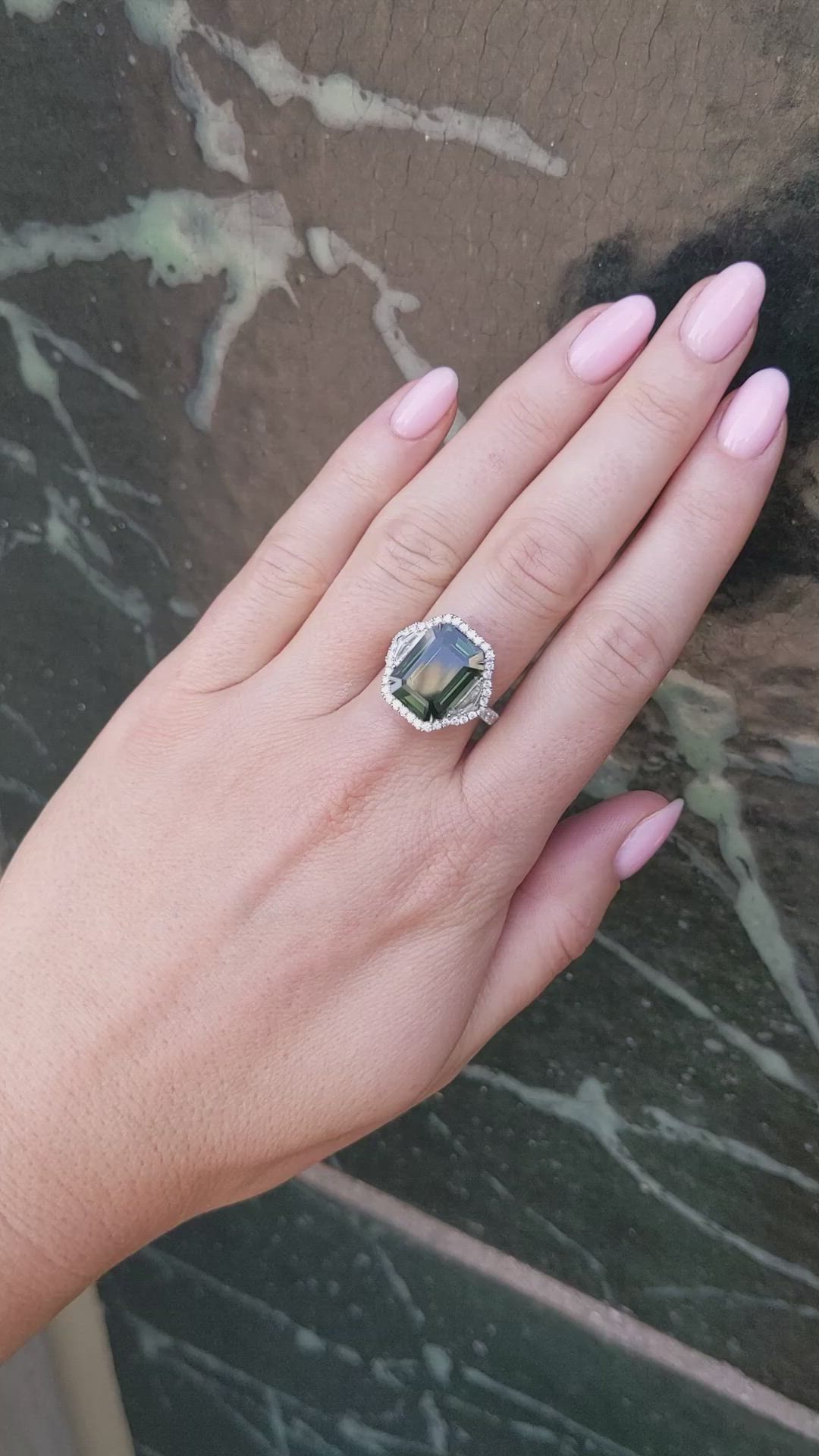 10.00 Ct. Green Sapphire and Natural Diamond Three Stone Ring, 18K White Gold Size Video