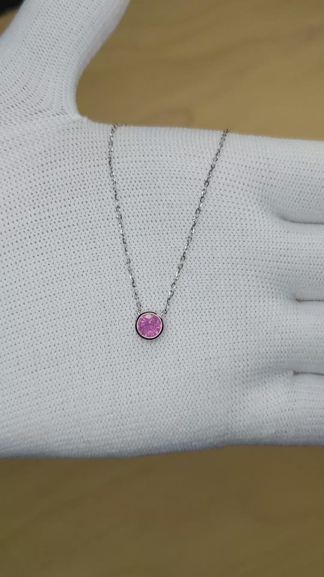 0.57 Ct. Pink Sapphire Bezel Necklace, 14K White Gold Size Video
