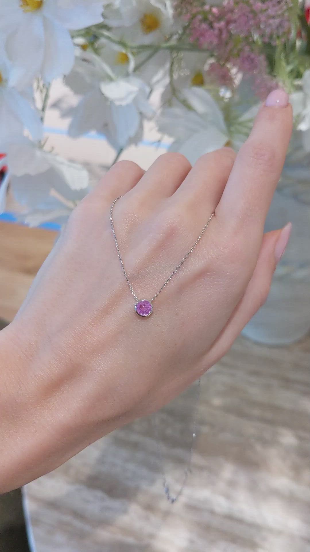 0.57 Ct. Pink Sapphire Bezel Necklace, 14K White Gold Size Video