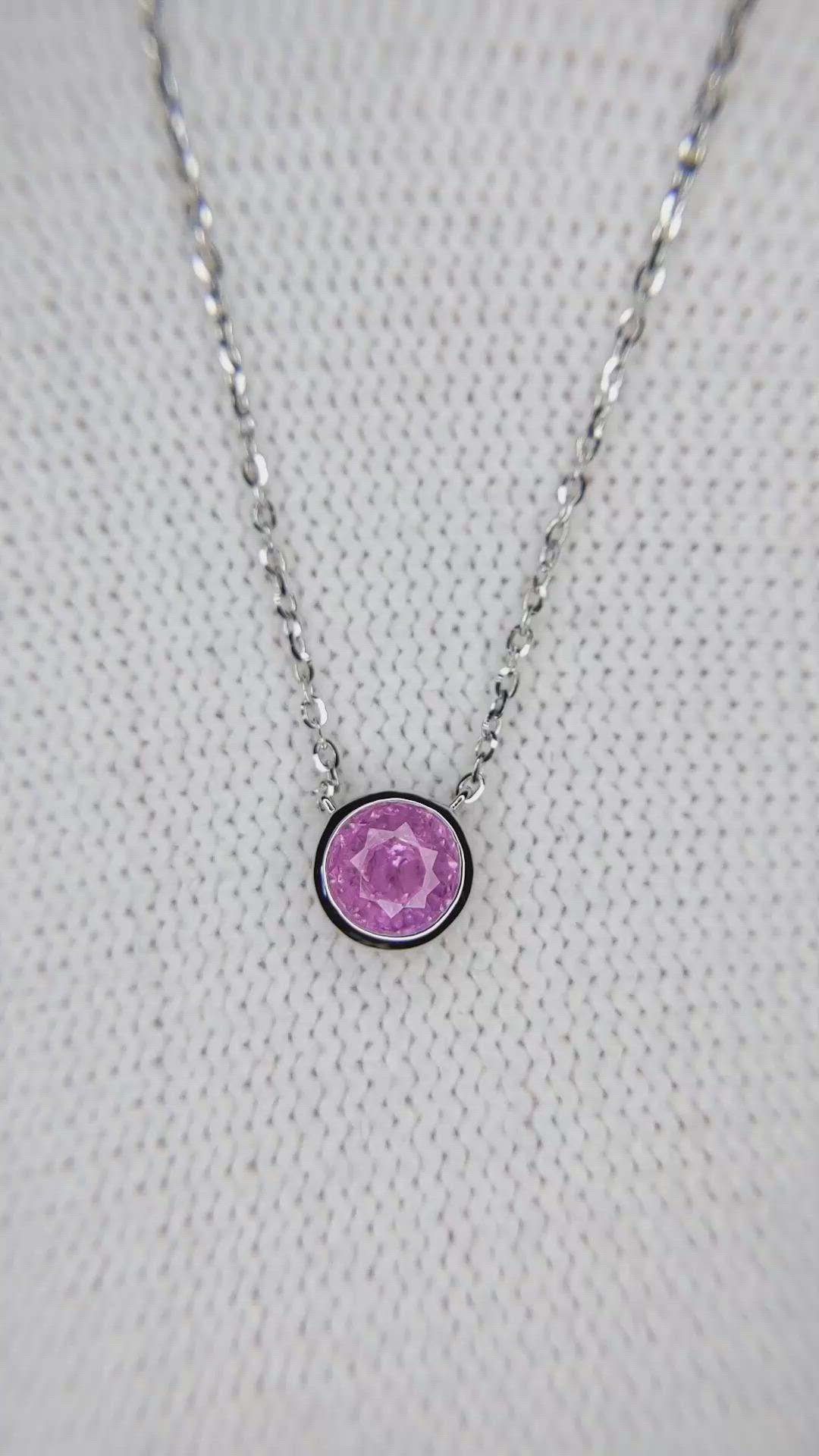 0.57 Ct. Pink Sapphire Bezel Necklace, 14K White Gold Size Video