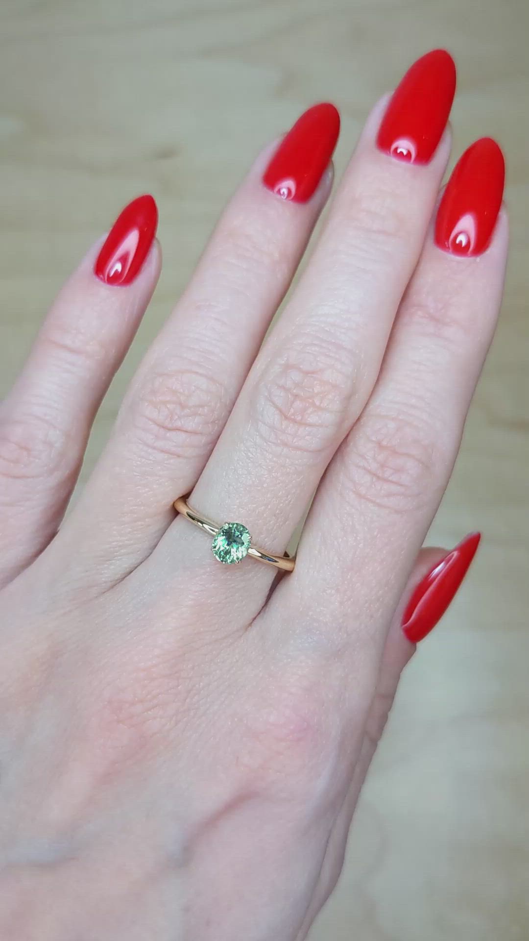 0.66 Ct. Bluish Green Sapphire Solitaire Ring, 14K Yellow Gold Size Video