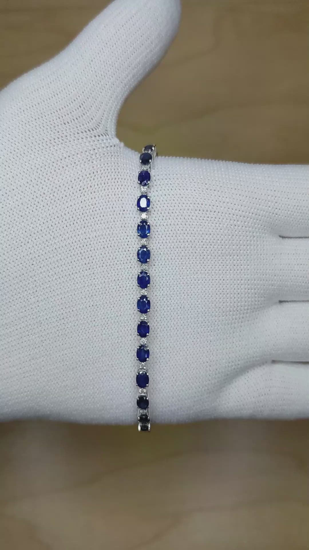 7.38&nbsp;Ct.Tw.Total Carat Weight Blue Sapphire and Natural Diamond Tennis/Line Bracelet, 18K White Gold Size Video