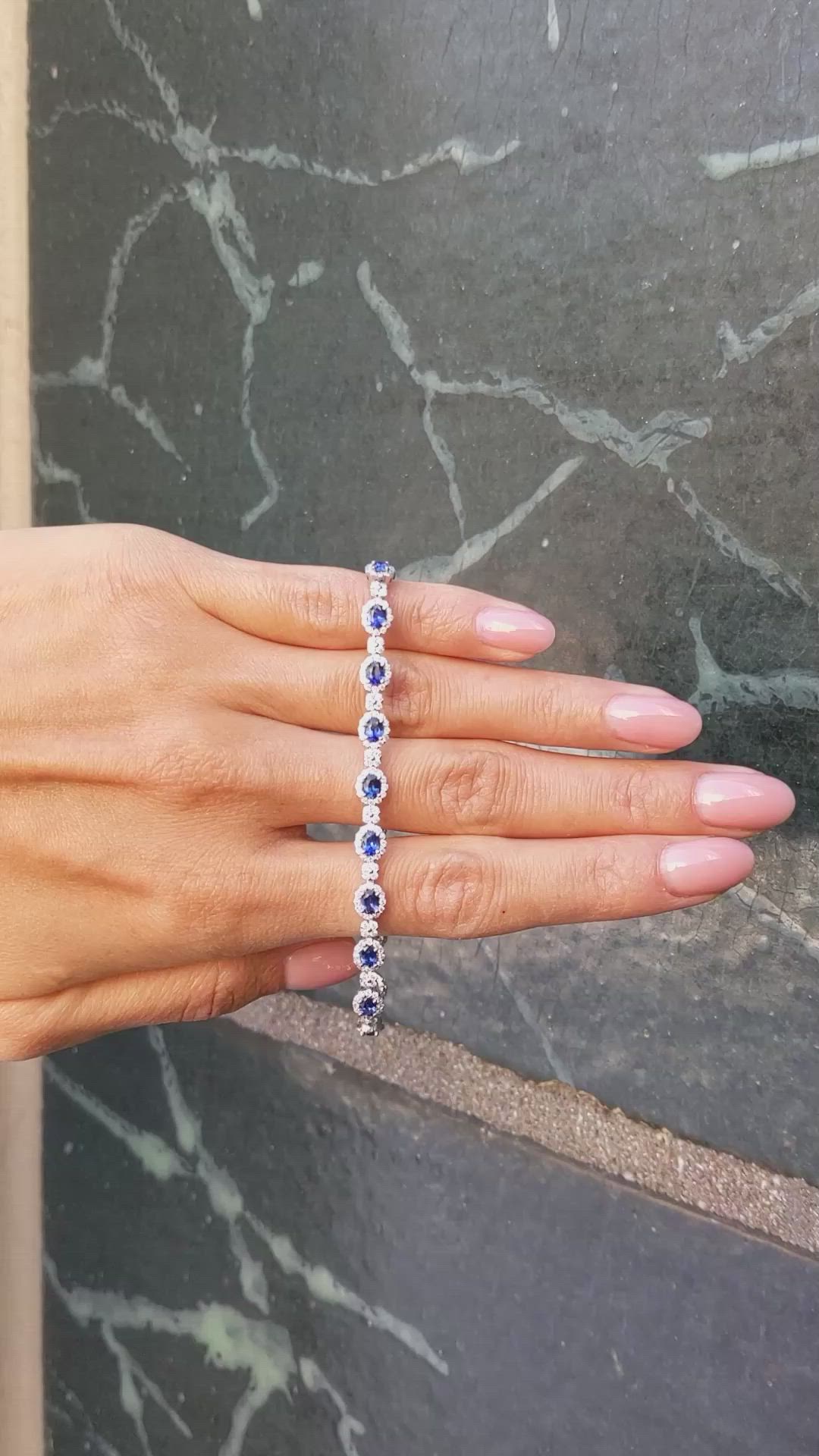 4.07&nbsp;Ct.Tw.Total Carat Weight Blue Sapphire and Natural Diamond Pave Bracelet, 14K White Gold Size Video