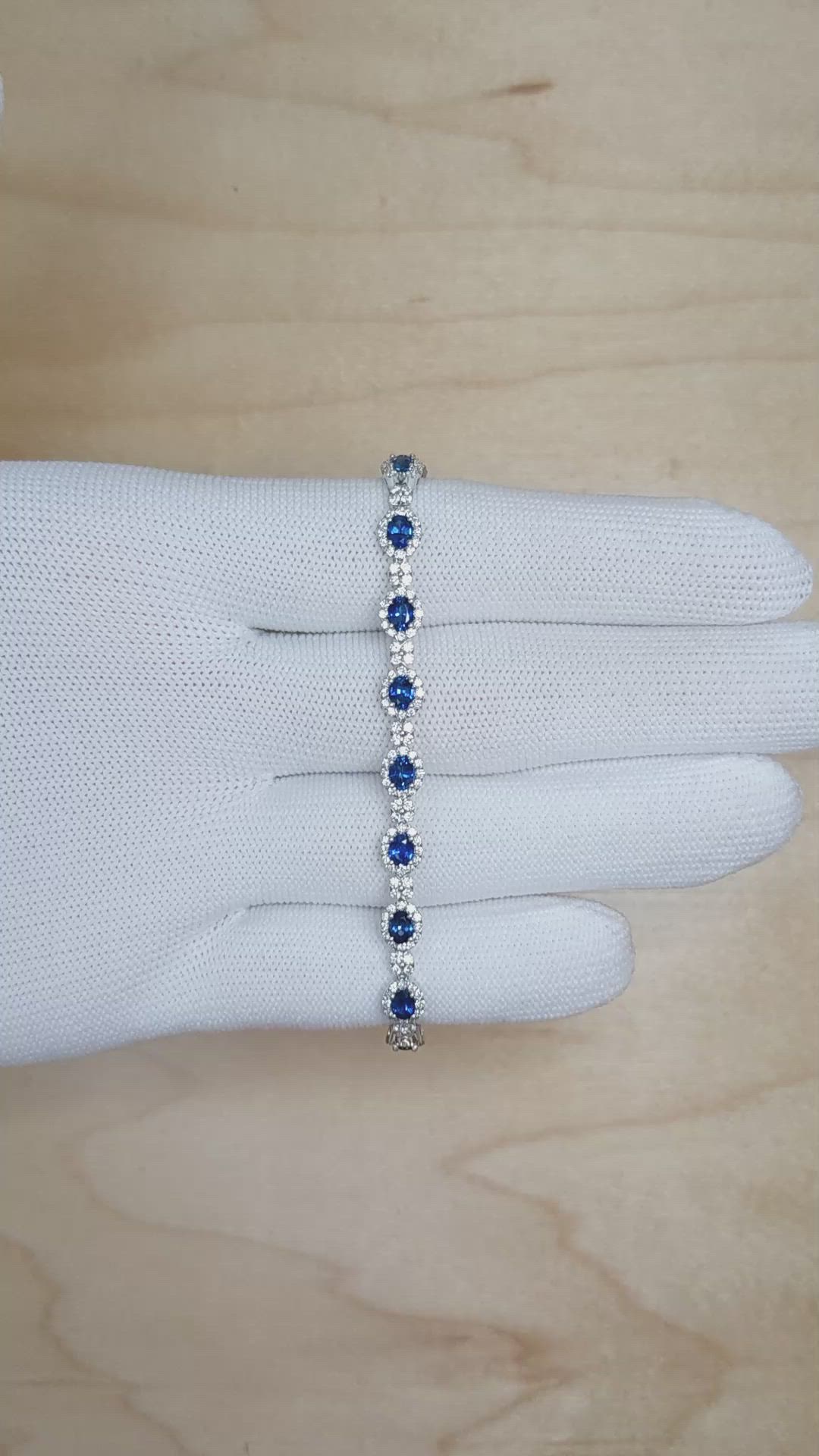 4.07&nbsp;Ct.Tw.Total Carat Weight Blue Sapphire and Natural Diamond Pave Bracelet, 14K White Gold Size Video