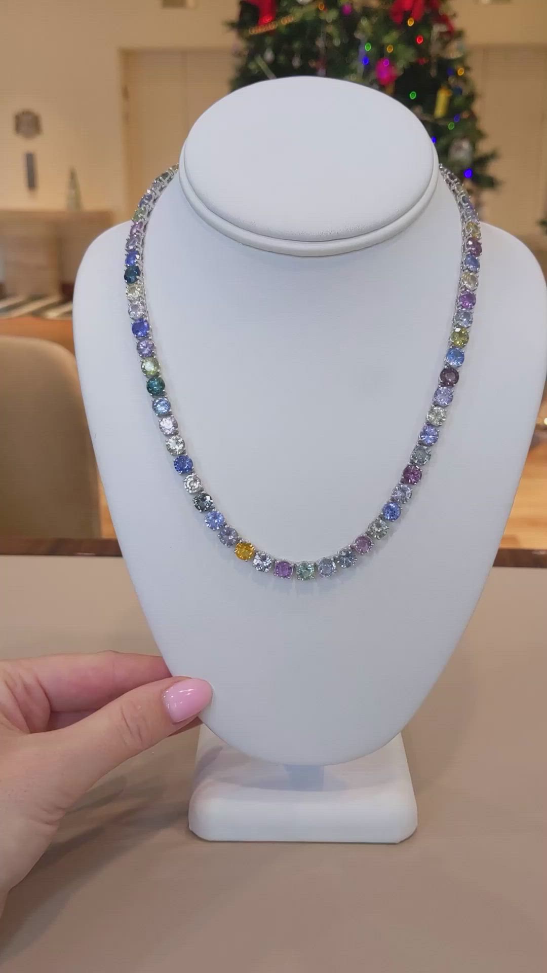 65.93 Ct. Multi Color Sapphire Tennis/Riviere Necklace, 14K White Gold Size Video