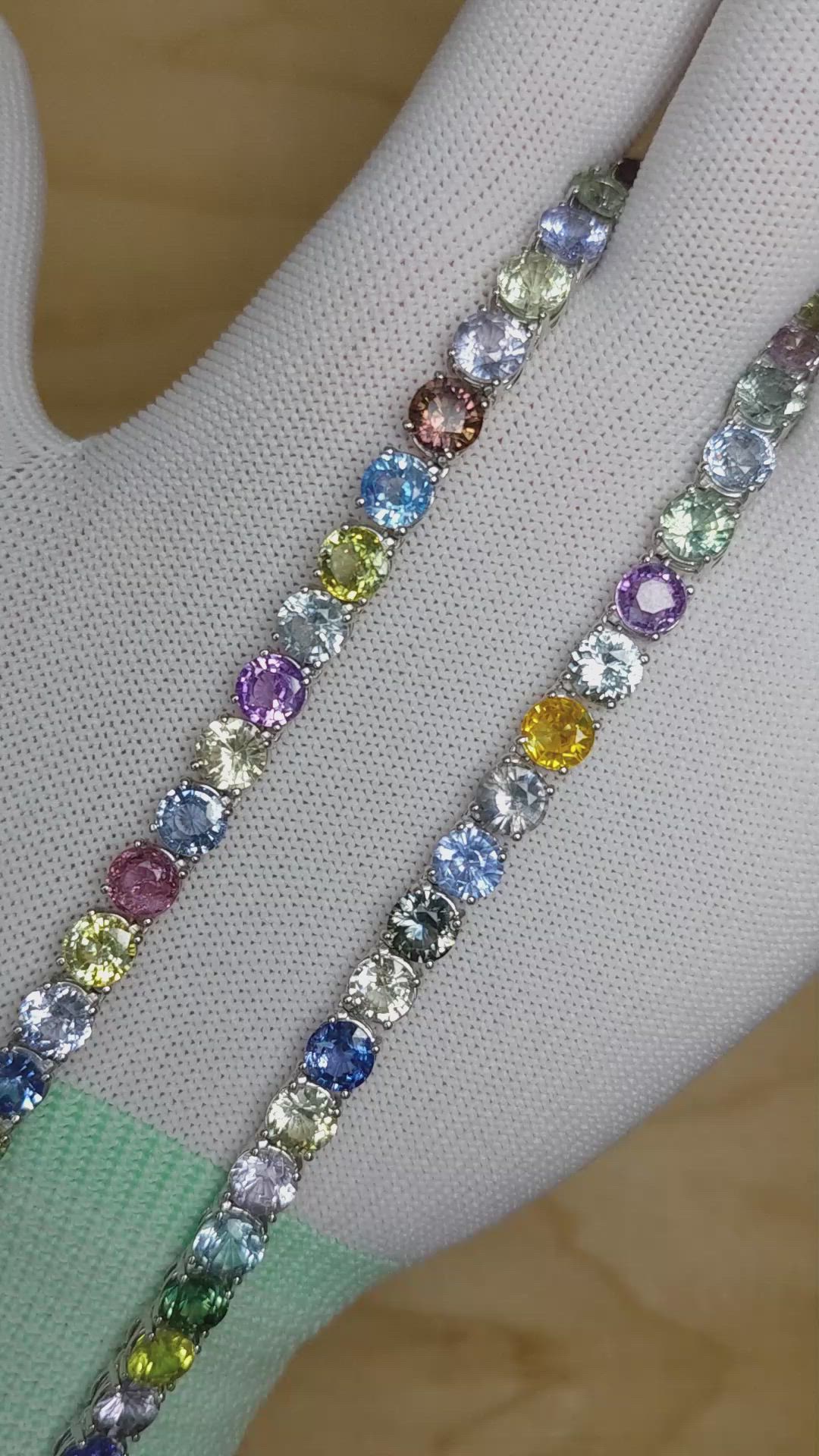 65.93 Ct. Multi Color Sapphire Tennis/Riviere Necklace, 14K White Gold Size Video