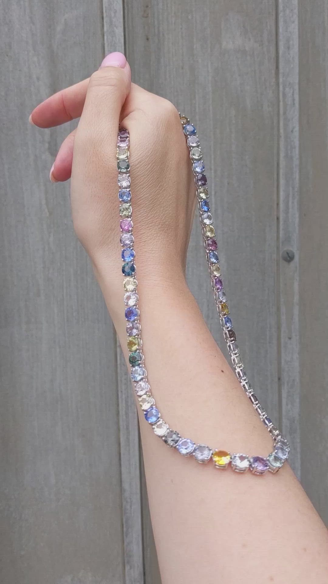 65.93 Ct. Multi Color Sapphire Tennis/Riviere Necklace, 14K White Gold Size Video