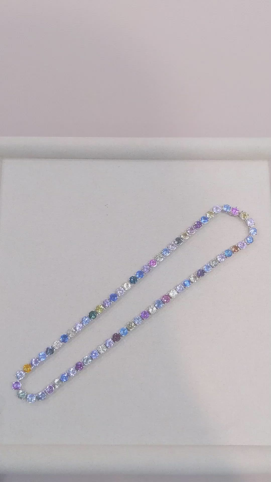 65.93 Ct. Multi Color Sapphire Tennis/Riviere Necklace, 14K White Gold Size Video