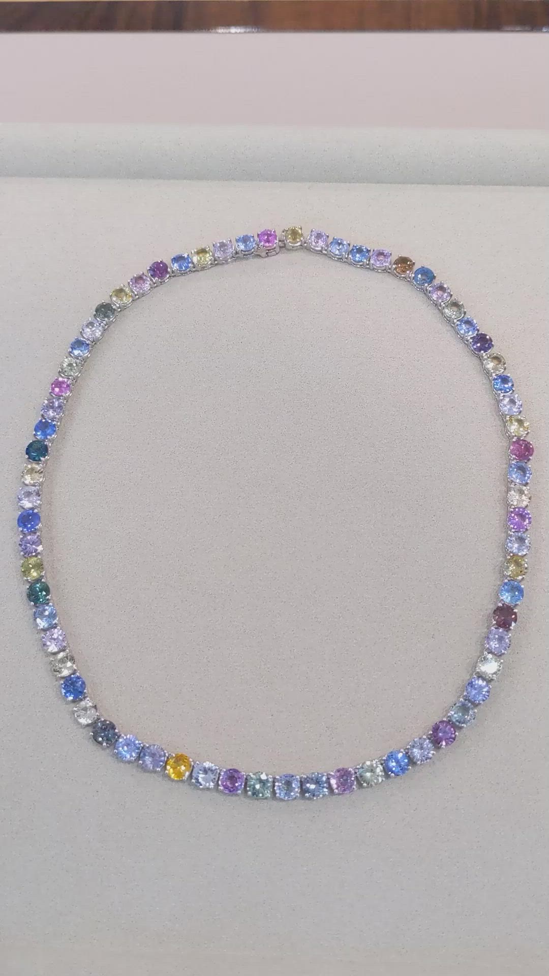 65.93 Ct. Multi Color Sapphire Tennis/Riviere Necklace, 14K White Gold Size Video