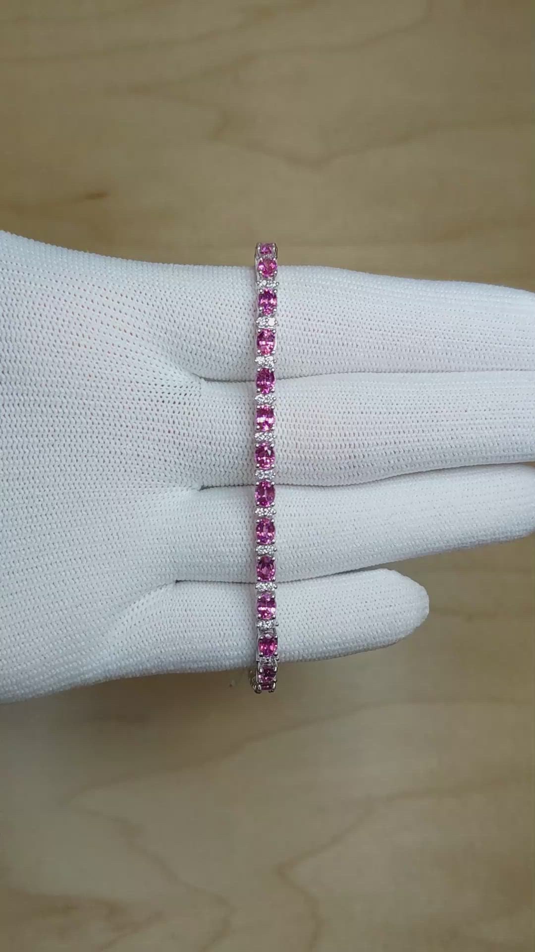6.69&nbsp;Ct.Tw.Total Carat Weight Pink Sapphire and Natural Diamond Tennis/Line Bracelet, 14K White Gold Size Video