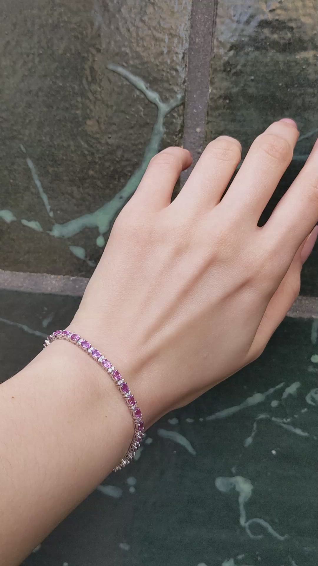 6.69&nbsp;Ct.Tw.Total Carat Weight Pink Sapphire and Natural Diamond Tennis/Line Bracelet, 14K White Gold Size Video