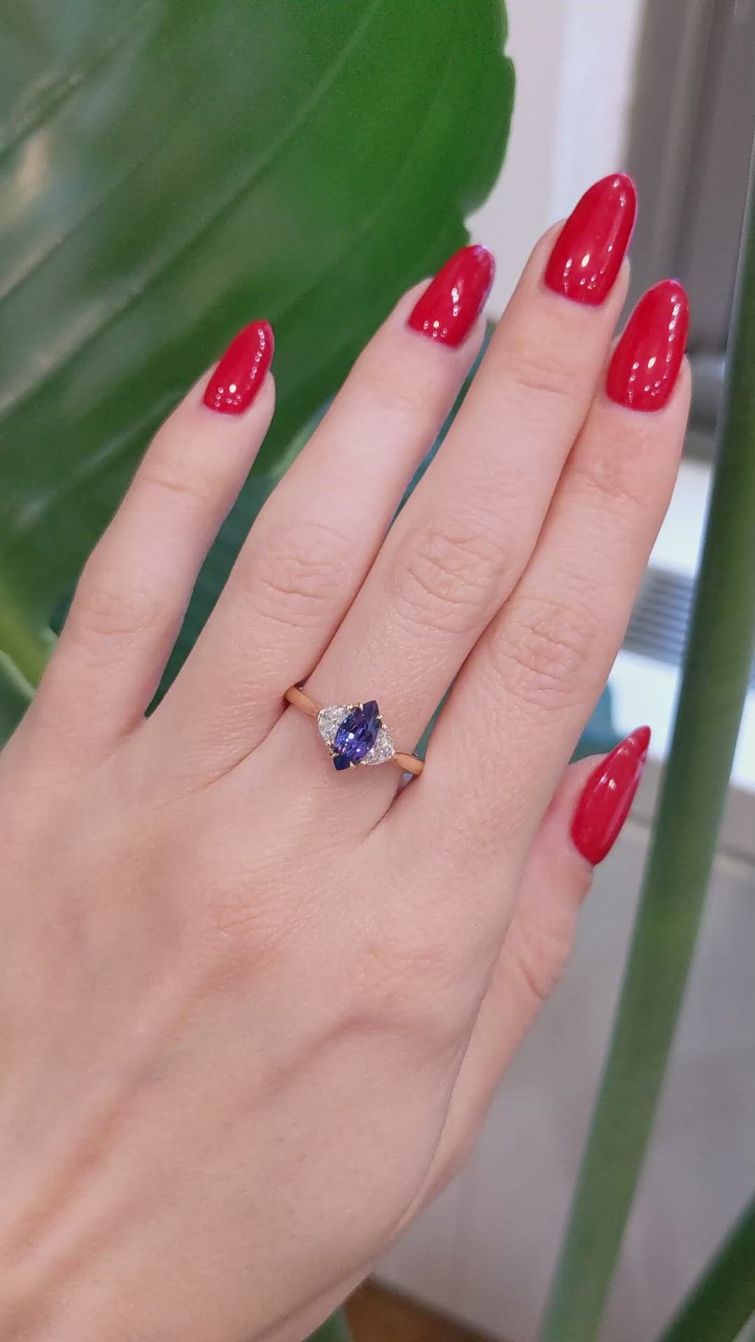 1.04 Ct. Purplish Blue Sapphire and Natural Diamond Three Stone Ring, 18K Rose Gold Size Video