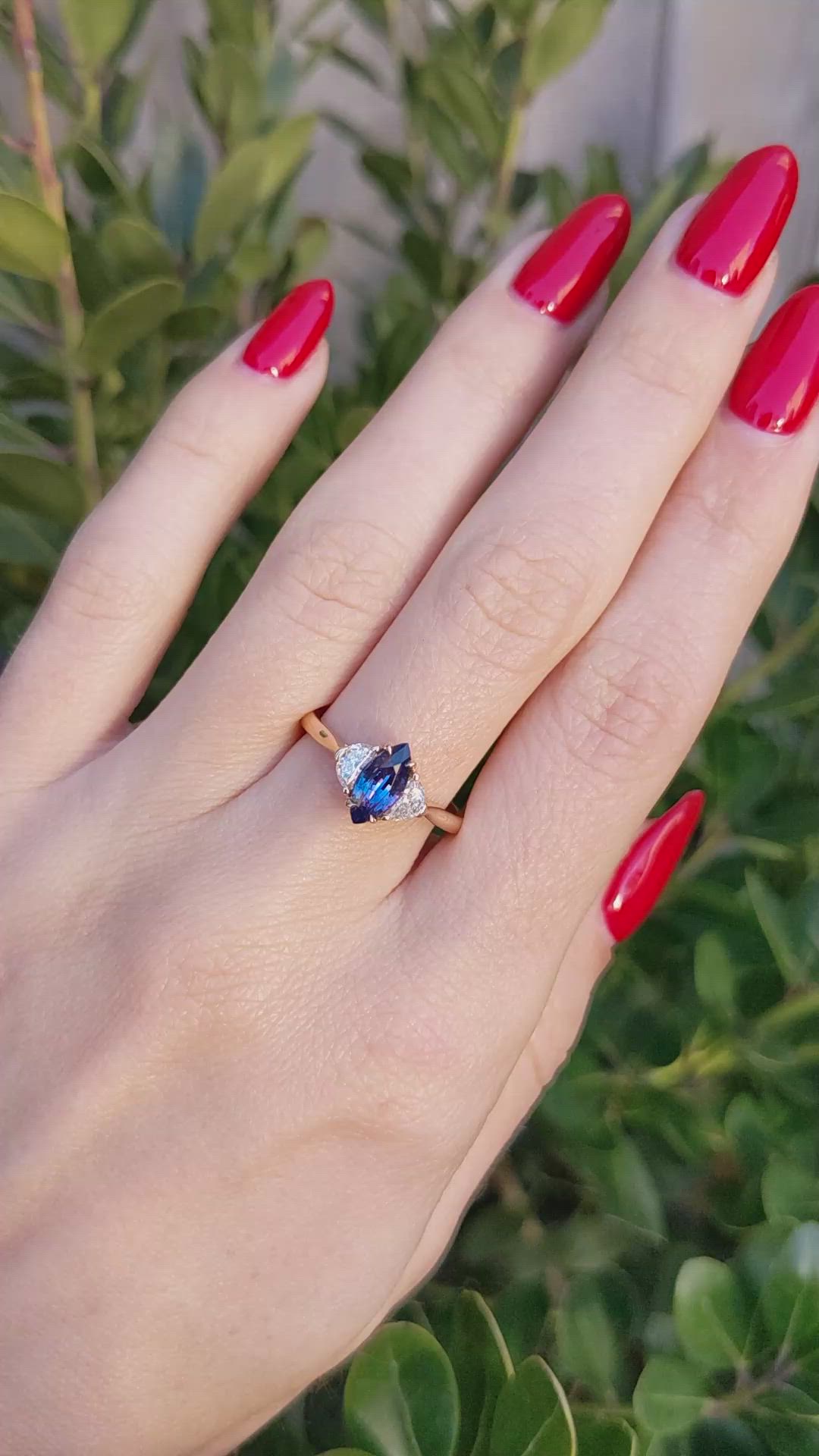 1.04 Ct. Purplish Blue Sapphire and Natural Diamond Three Stone Ring, 18K Rose Gold Size Video