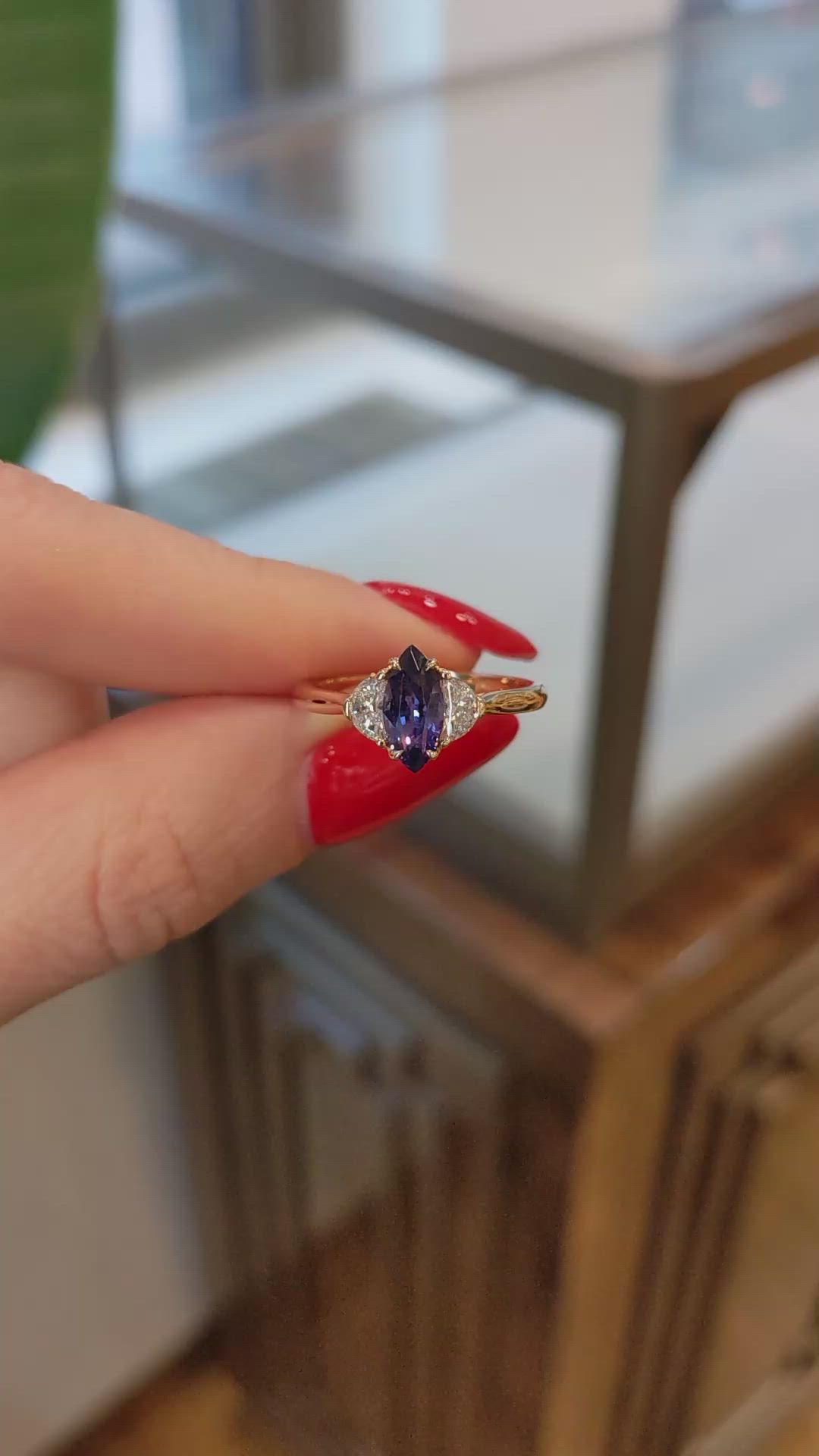 1.04 Ct. Purplish Blue Sapphire and Natural Diamond Three Stone Ring, 18K Rose Gold Size Video