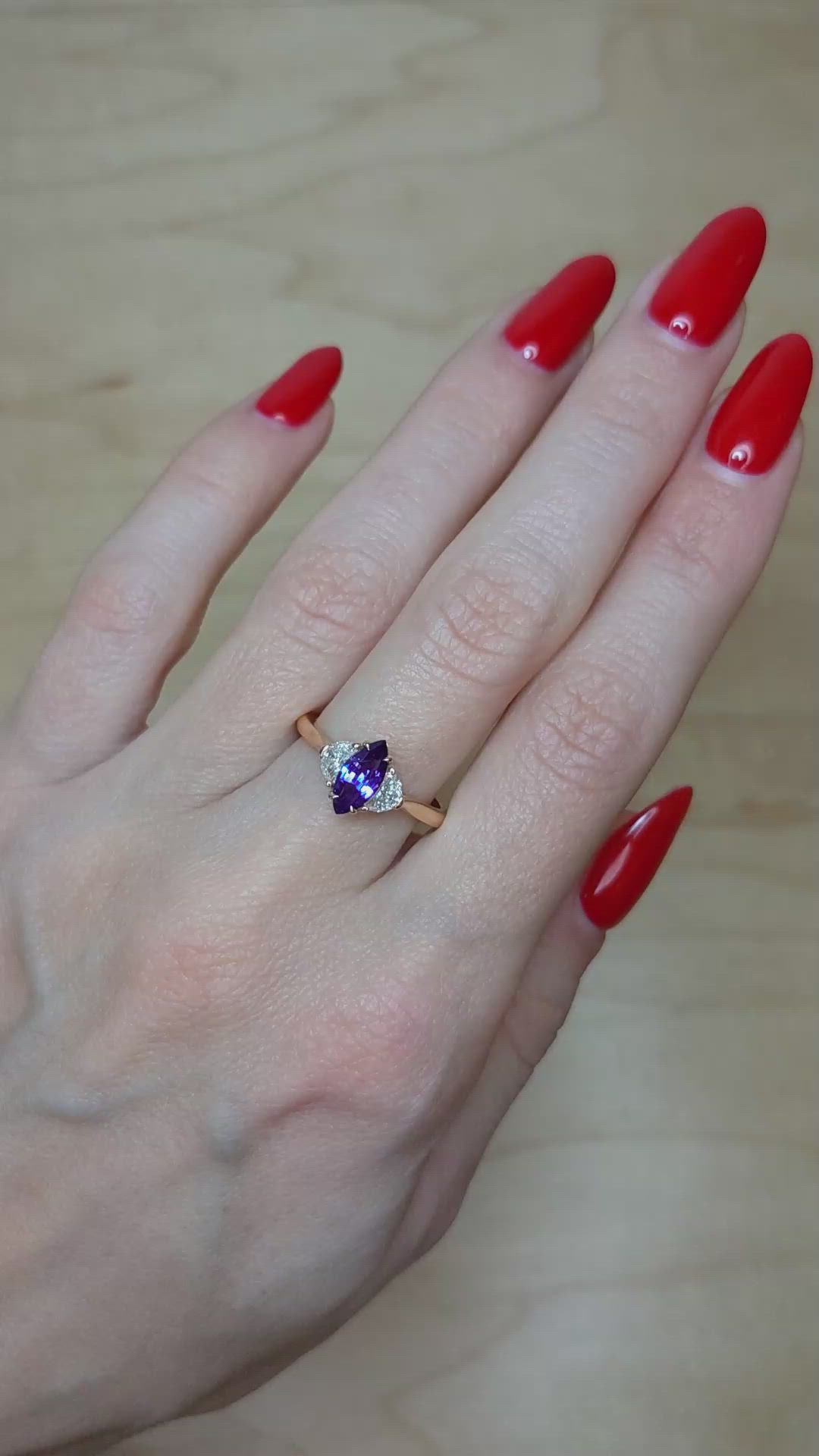 1.04 Ct. Purplish Blue Sapphire and Natural Diamond Three Stone Ring, 18K Rose Gold Size Video