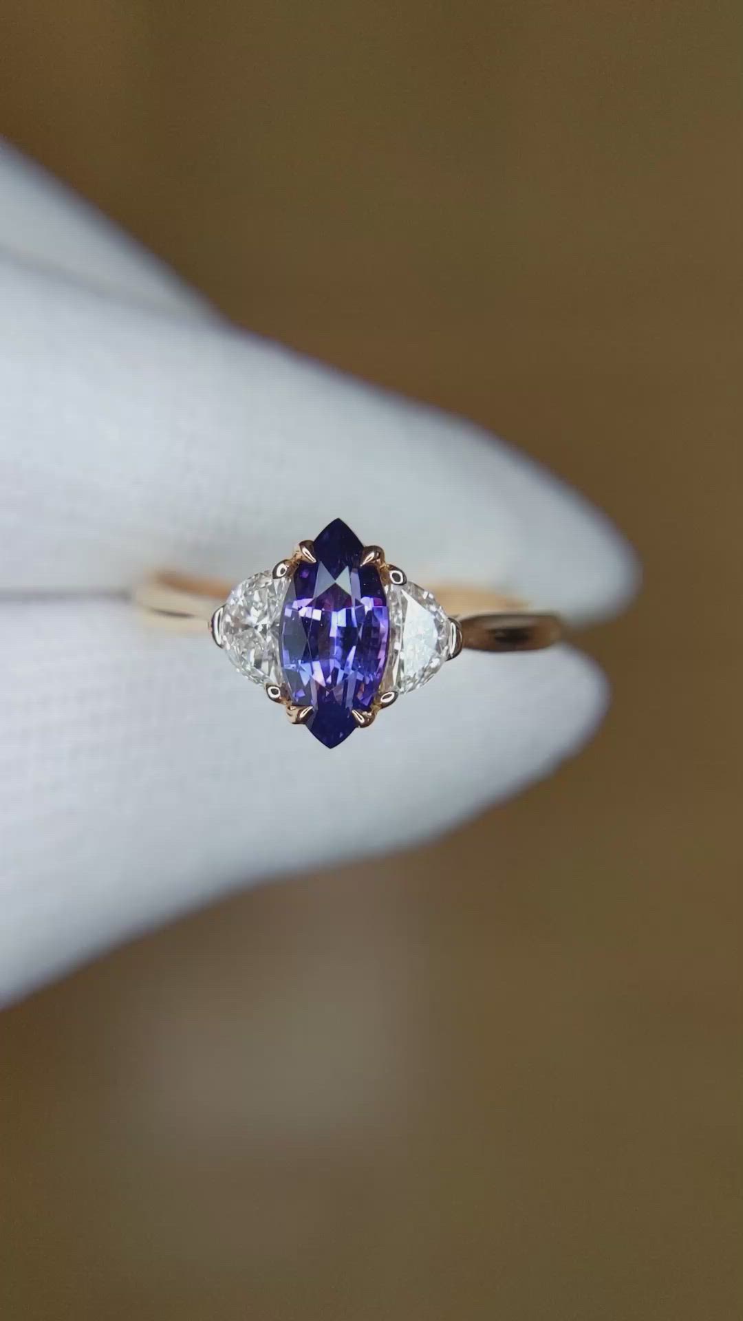 1.04 Ct. Purplish Blue Sapphire and Natural Diamond Three Stone Ring, 18K Rose Gold Size Video