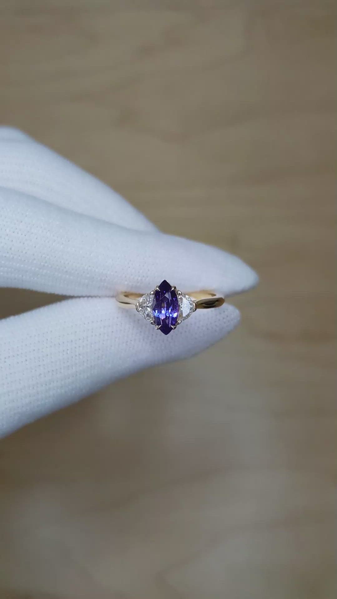 1.04 Ct. Purplish Blue Sapphire and Natural Diamond Three Stone Ring, 18K Rose Gold Size Video