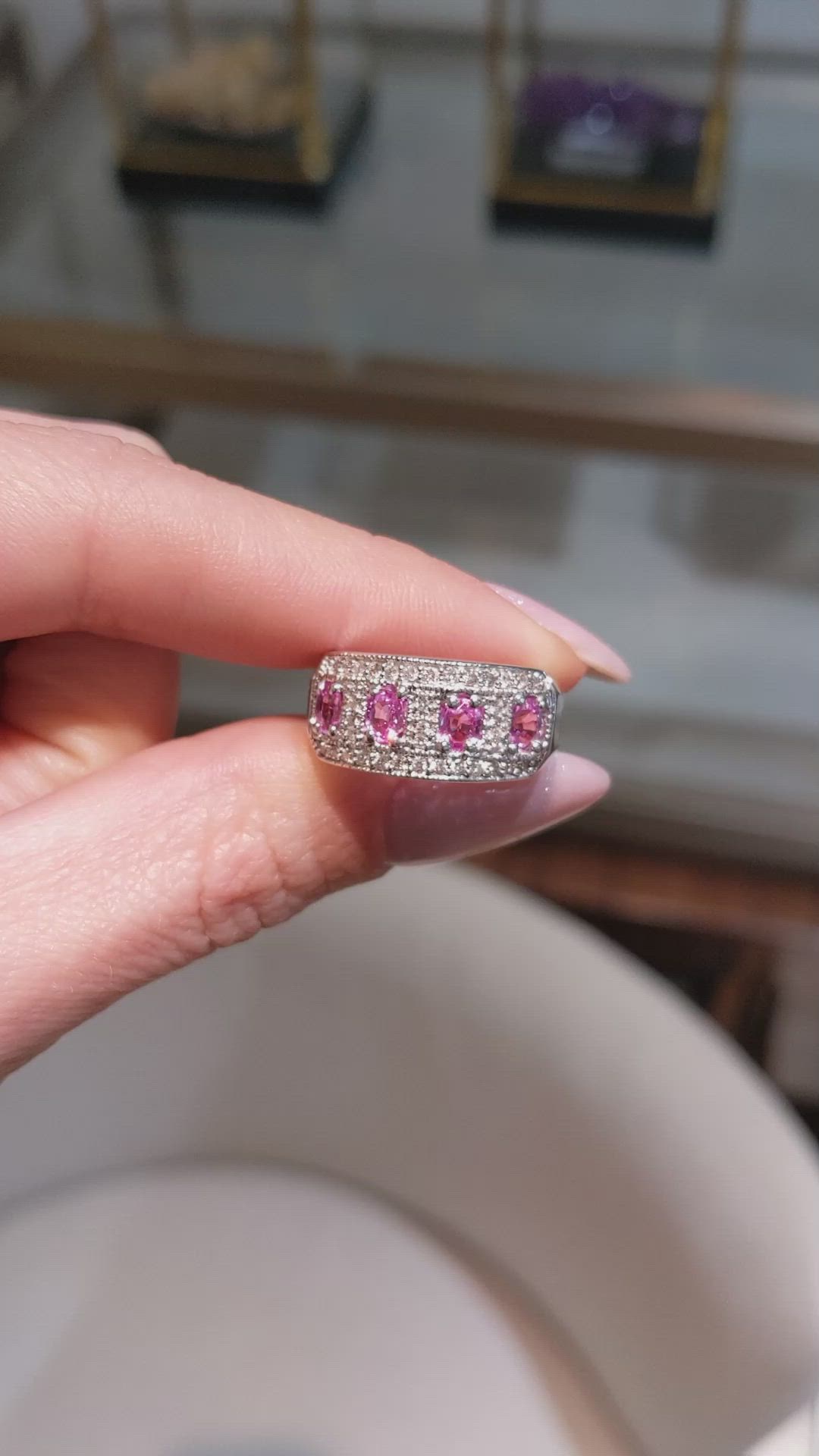 1.12 Ct. Pink Sapphire and Natural Diamond Pave Ring, 14K White Gold Size Video
