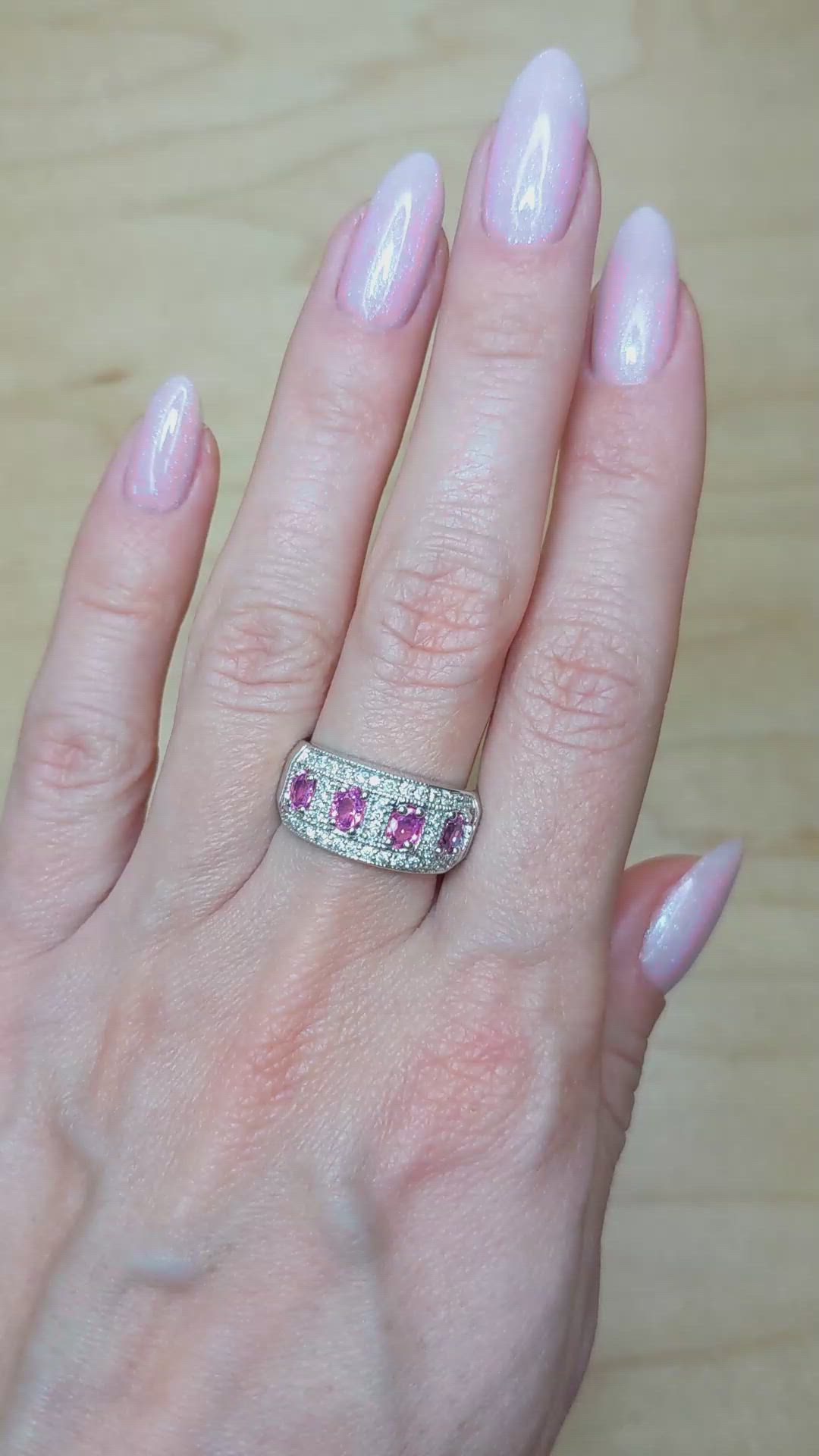 1.12 Ct. Pink Sapphire and Natural Diamond Pave Ring, 14K White Gold Size Video
