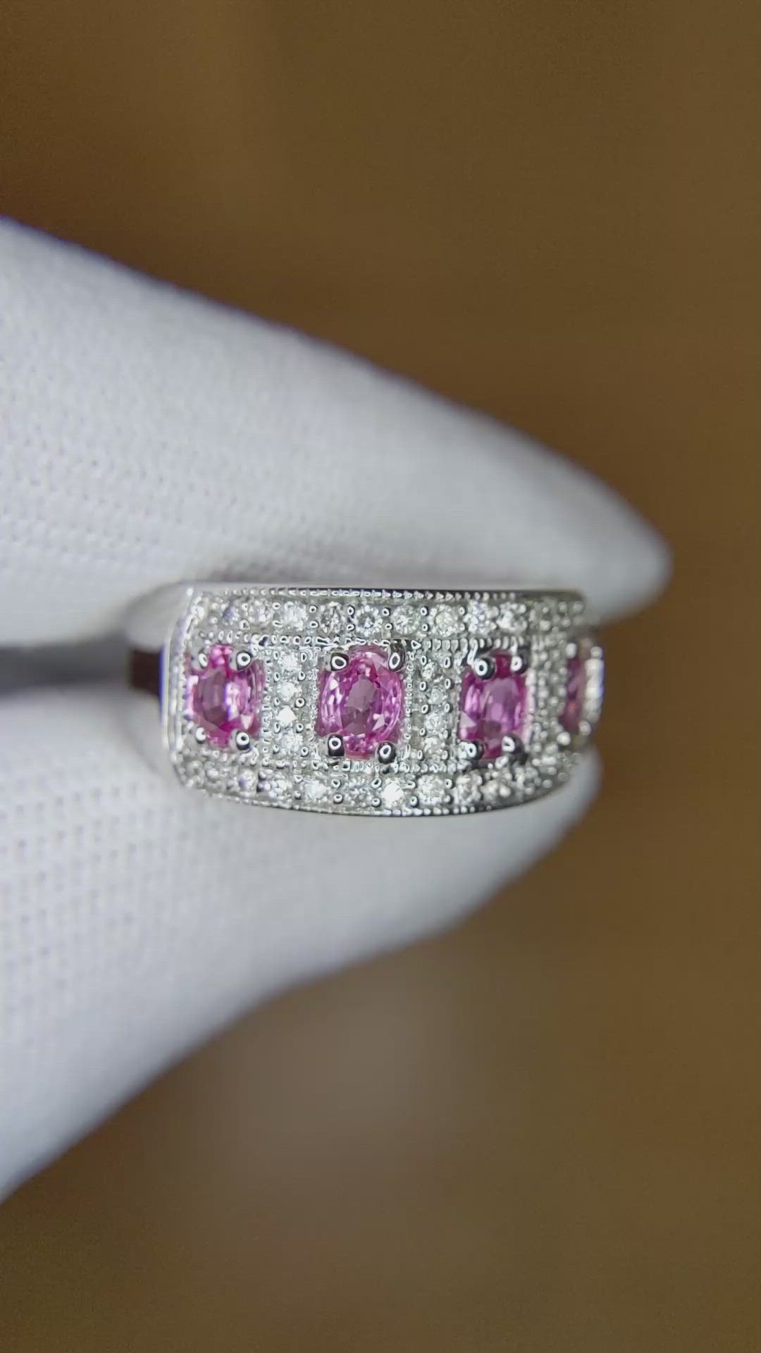 1.12 Ct. Pink Sapphire and Natural Diamond Pave Ring, 14K White Gold Size Video