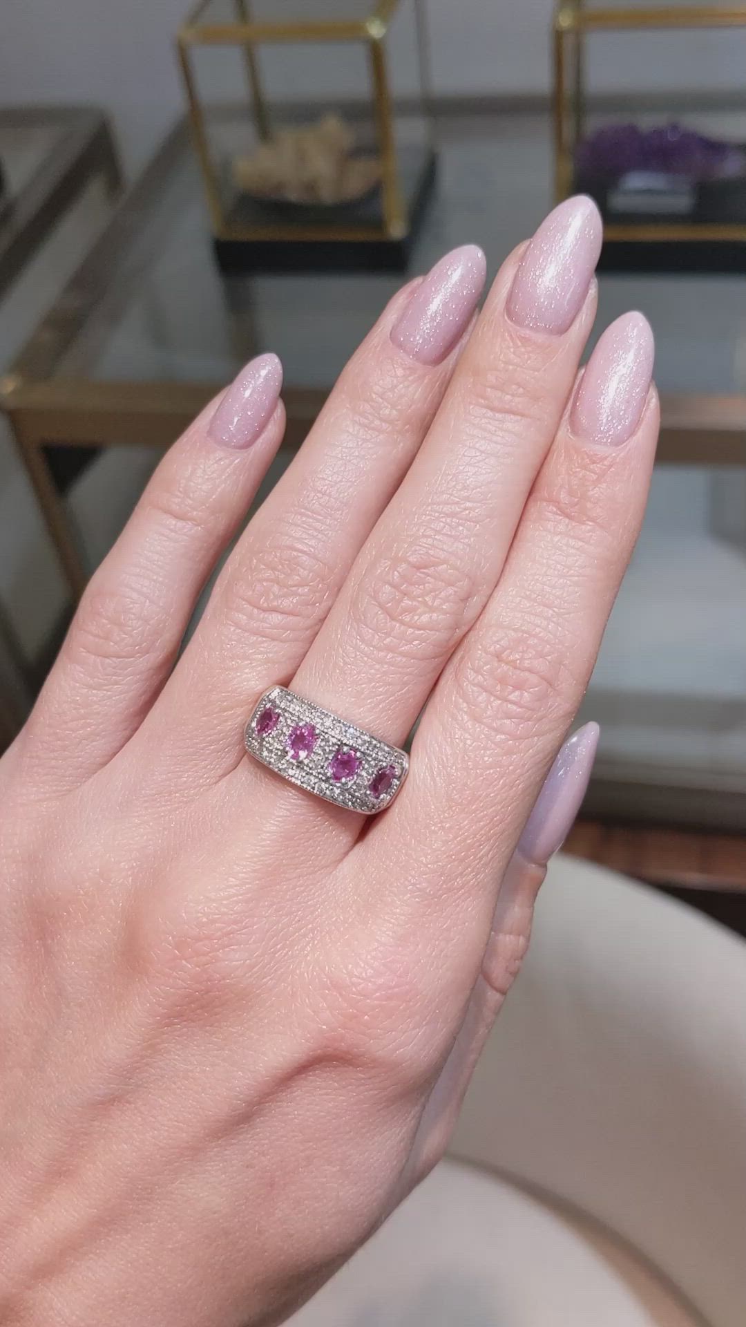 1.12 Ct. Pink Sapphire and Natural Diamond Pave Ring, 14K White Gold Size Video