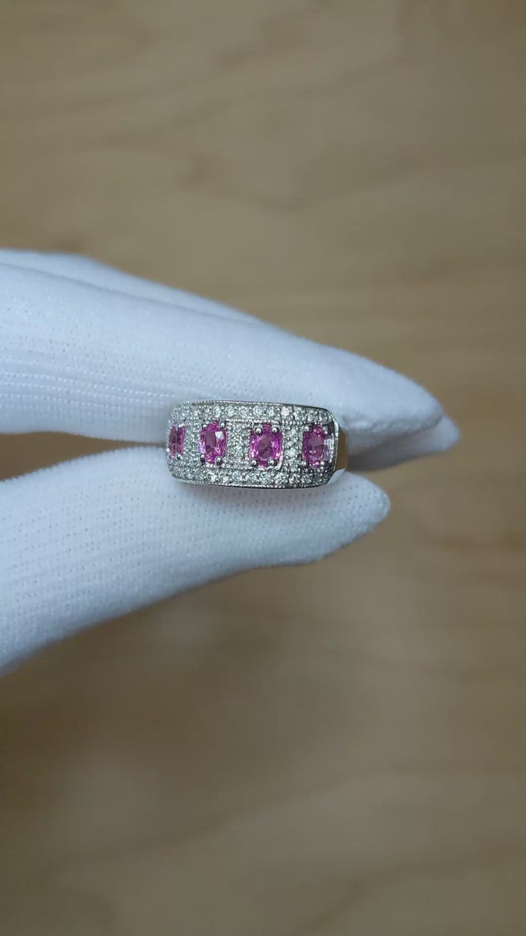 1.12 Ct. Pink Sapphire and Natural Diamond Pave Ring, 14K White Gold Size Video