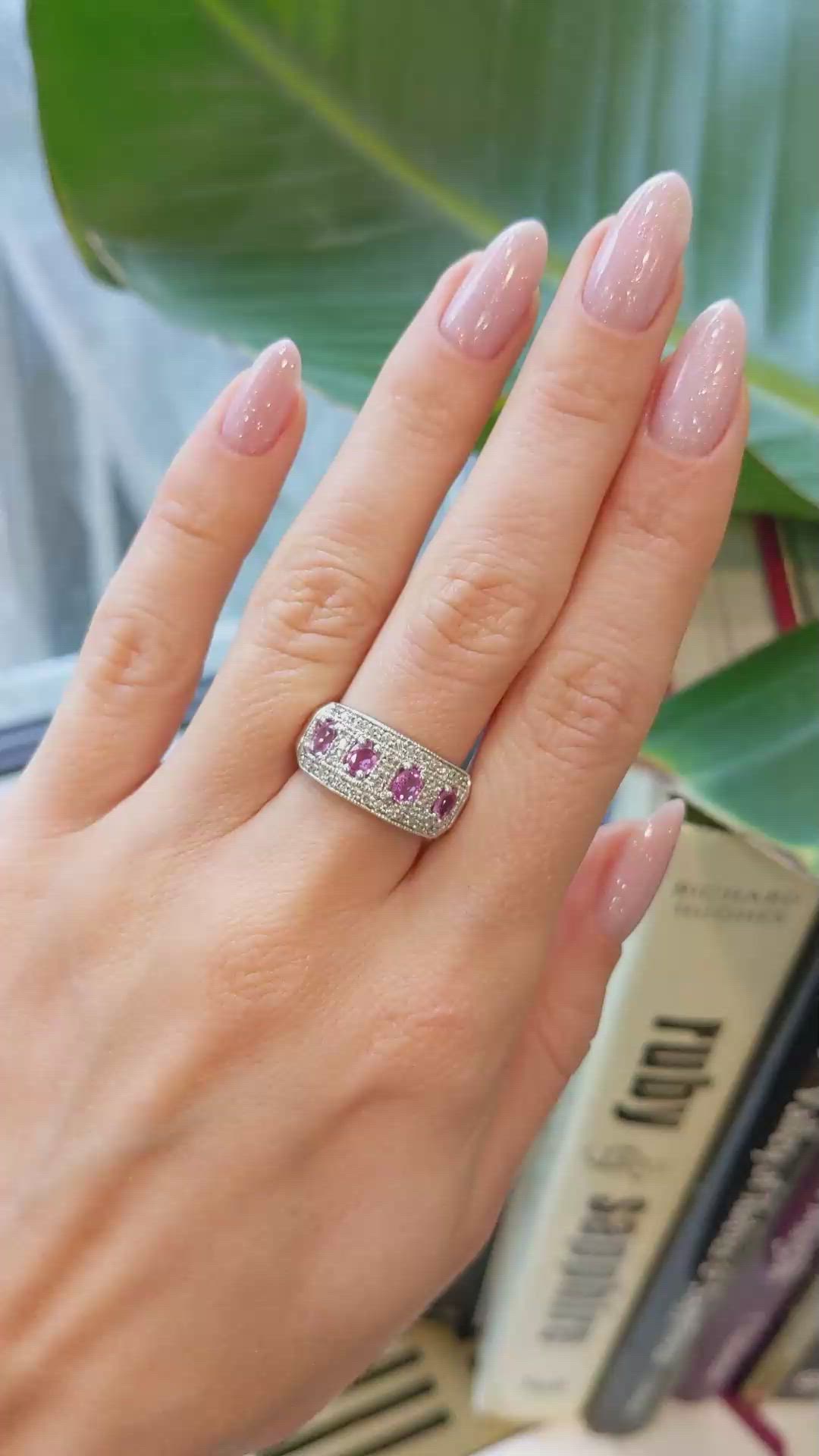 1.12 Ct. Pink Sapphire and Natural Diamond Pave Ring, 14K White Gold Size Video