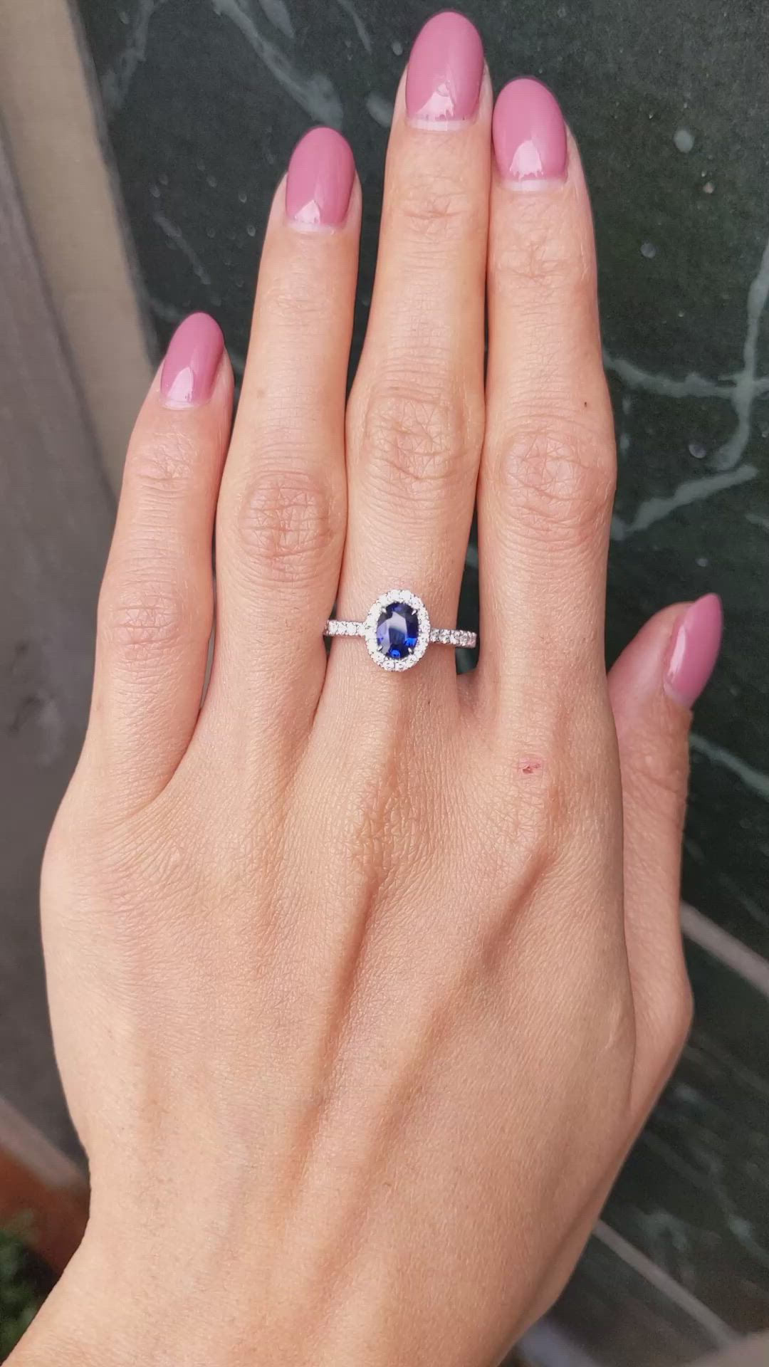 1.00 Ct. Blue Sapphire and Natural Diamond Pave Ring, 18K White Gold Size Video