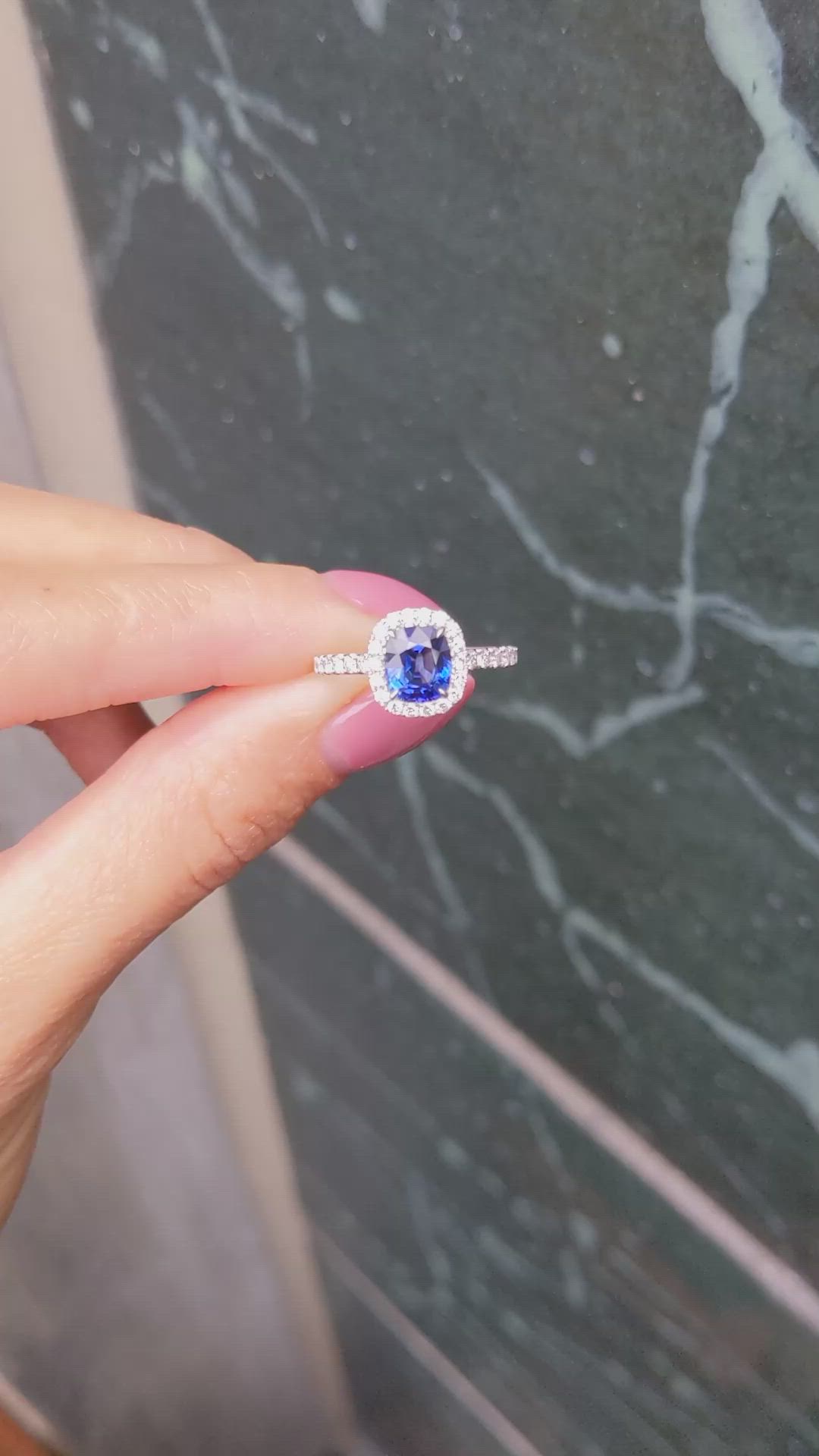 1.59 Ct. Blue Sapphire and Natural Diamond Pave Ring, 18K White Gold Size Video