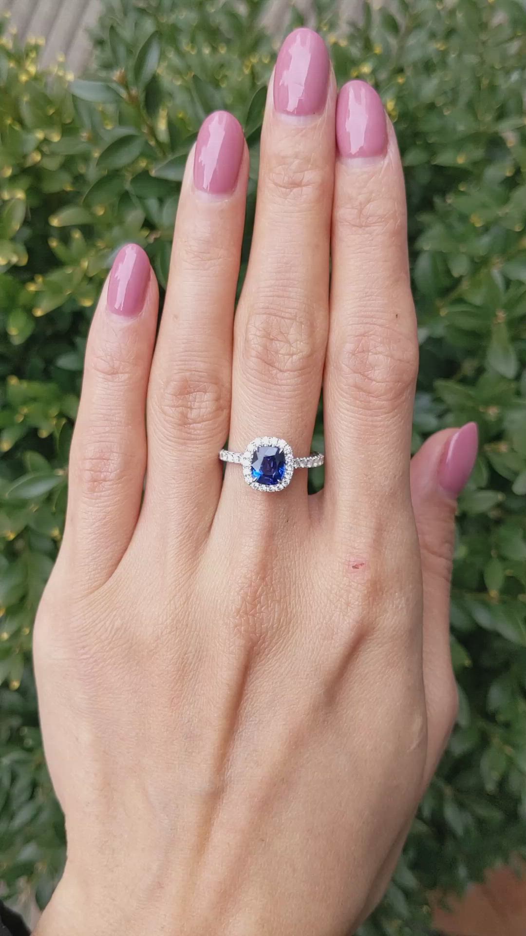 1.59 Ct. Blue Sapphire and Natural Diamond Pave Ring, 18K White Gold Size Video