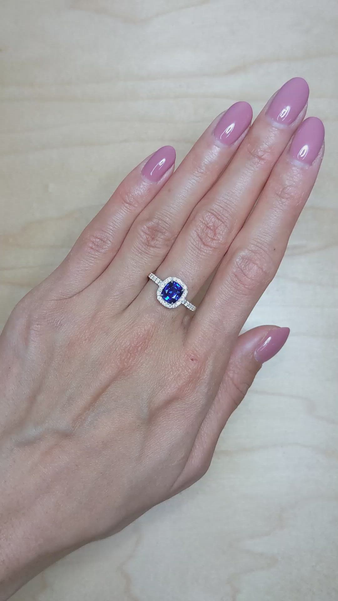 1.59 Ct. Blue Sapphire and Natural Diamond Pave Ring, 18K White Gold Size Video