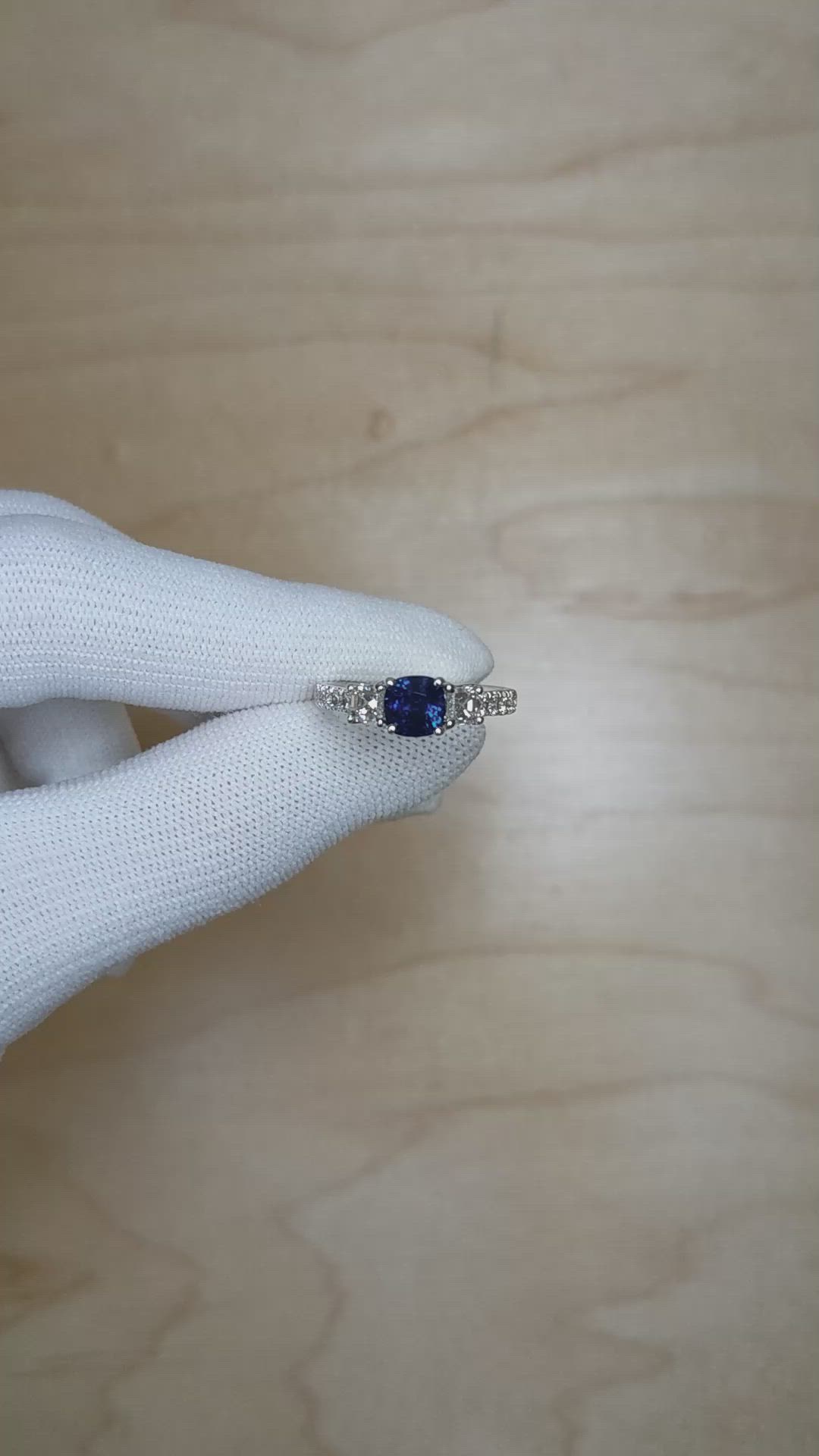 1.22 Ct. Blue Sapphire and Natural Diamond Pave Ring, 18K White Gold Size Video